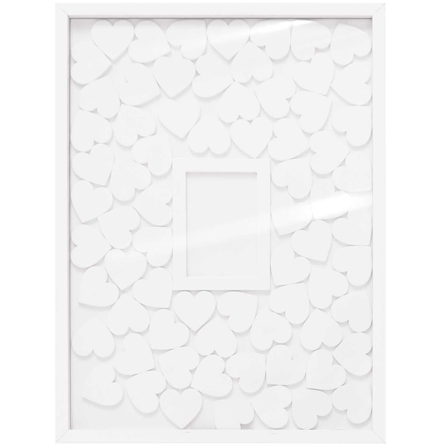 Gästebuch Rahmen mit 70 Holzherzen, 30x40cm. Weißer Rahmen von Rico Design, ideal für Hochzeiten.