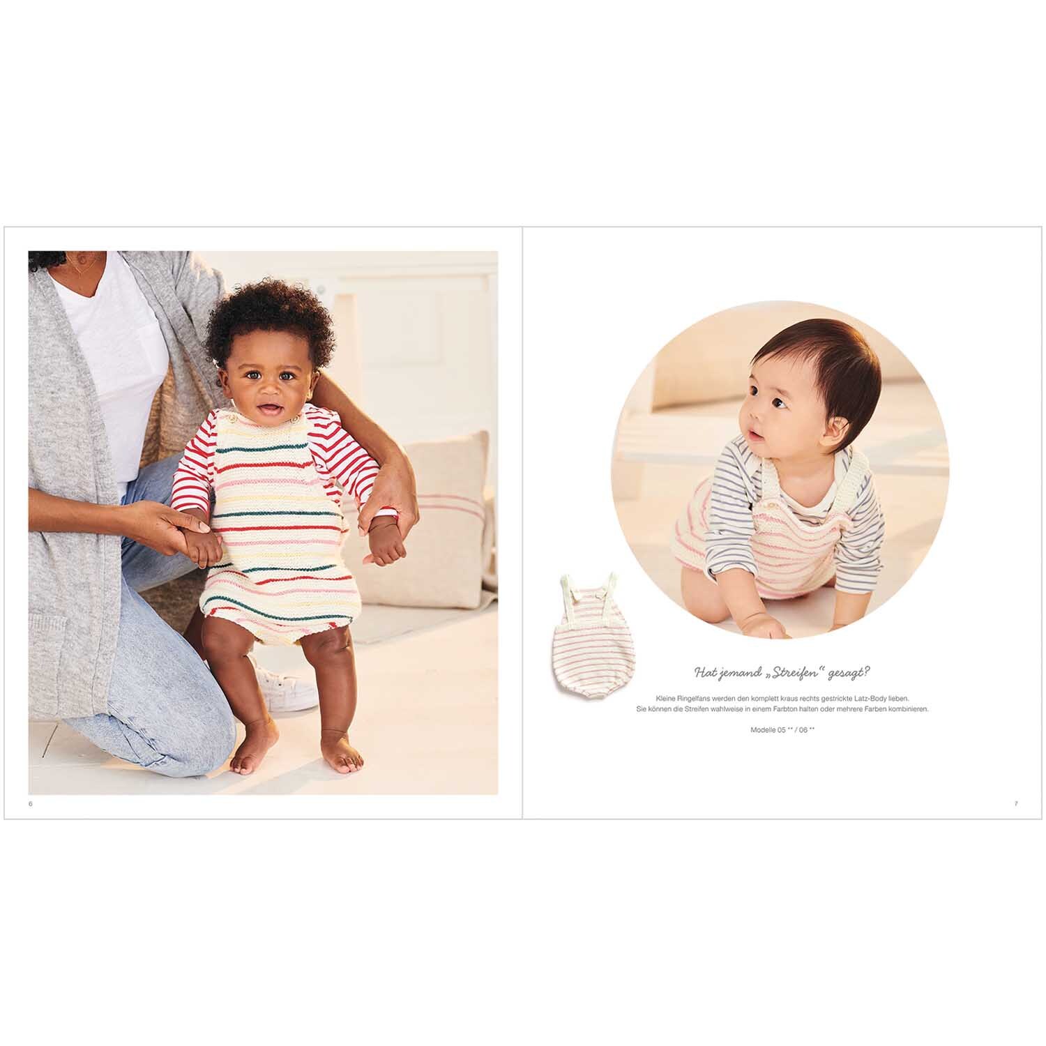 Rico Baby Heft Nr.34 zeigt Babys in gestreiften Stramplern von Rico Design, die auf einem Teppich sitzen.
