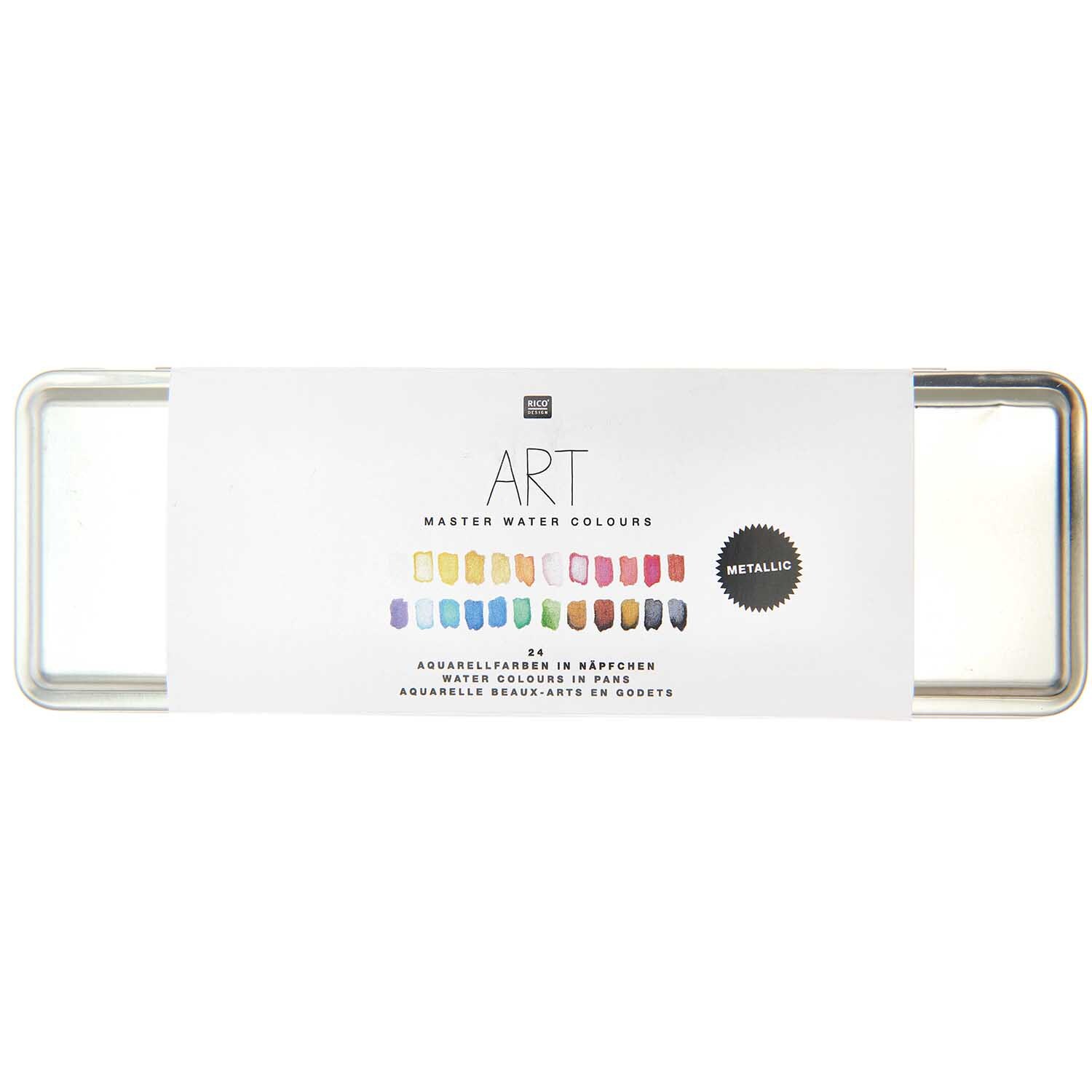 ART Master Metallic Aquarellfarben 24 Farben von Rico Design in einer Metallbox mit farbigen Proben auf dem Etikett.