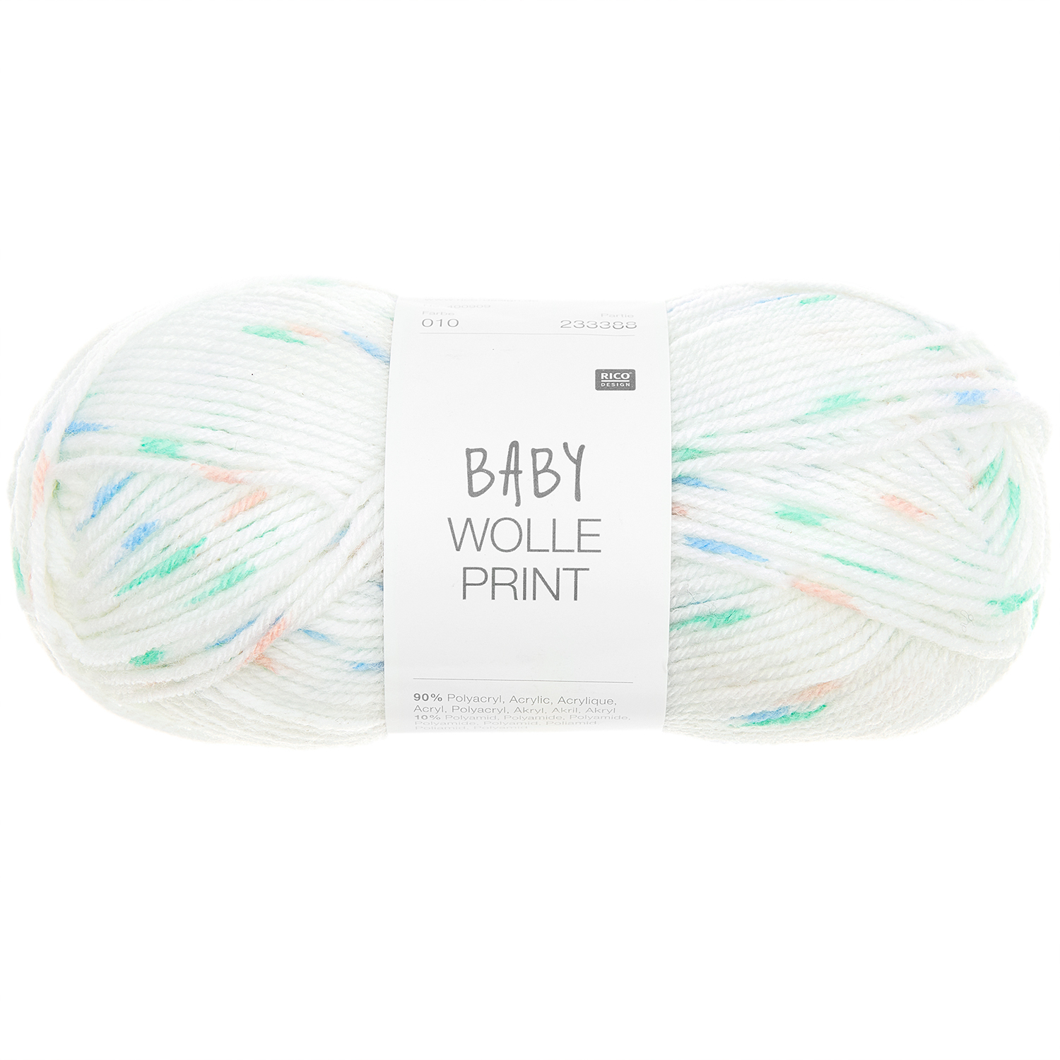 Babywolle Print von Rico Design in Creme, 50g 150m, zeigt bunte Akzente auf weicher Wolle.
