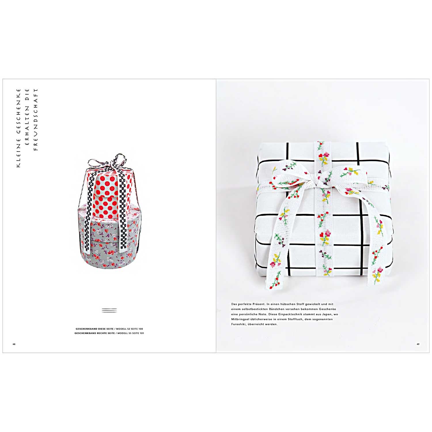 Das große Rico Näh- und Stickbuch zeigt kreative Geschenkideen mit Stoffen und Mustern. Links ein bunter Beutel, rechts ein verpacktes Geschenk.