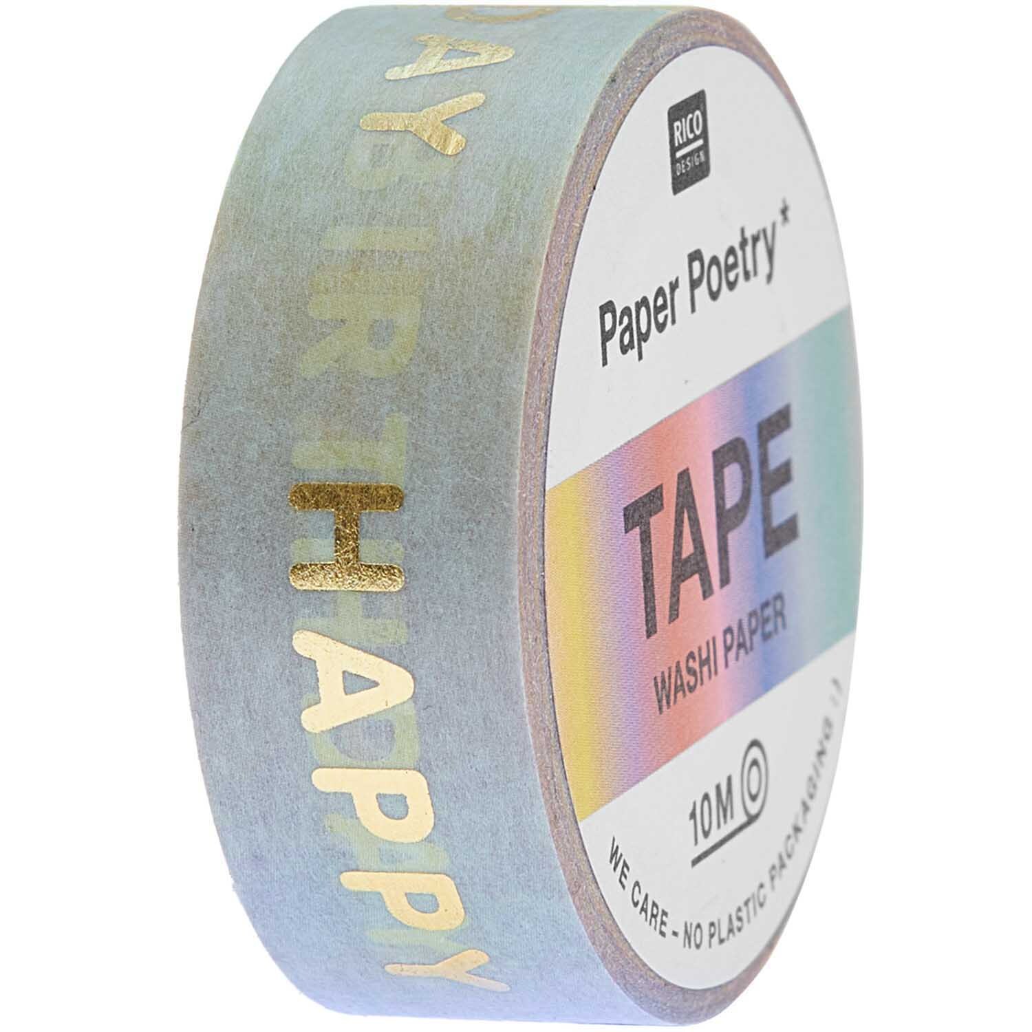 Paper Poetry Tape Happy Birthday 15mm 10m mit Regenbogenmuster und goldener Schrift von Rico Design.