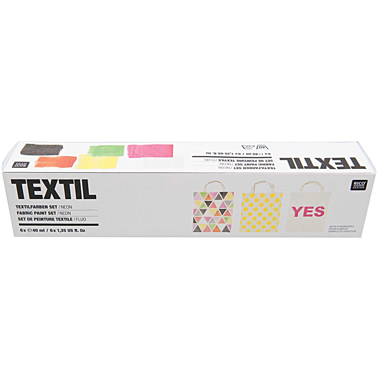 Textilfarben neon von Rico Design, 6x40ml. Verpackung zeigt bunte Taschen mit geometrischen Mustern.