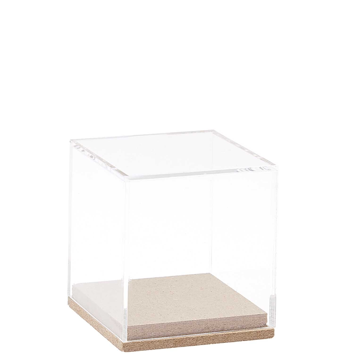 Figurico Dekohaube Würfel: Transparenter Würfel mit Holzsockel, ideal für stilvolle Dekorationen.