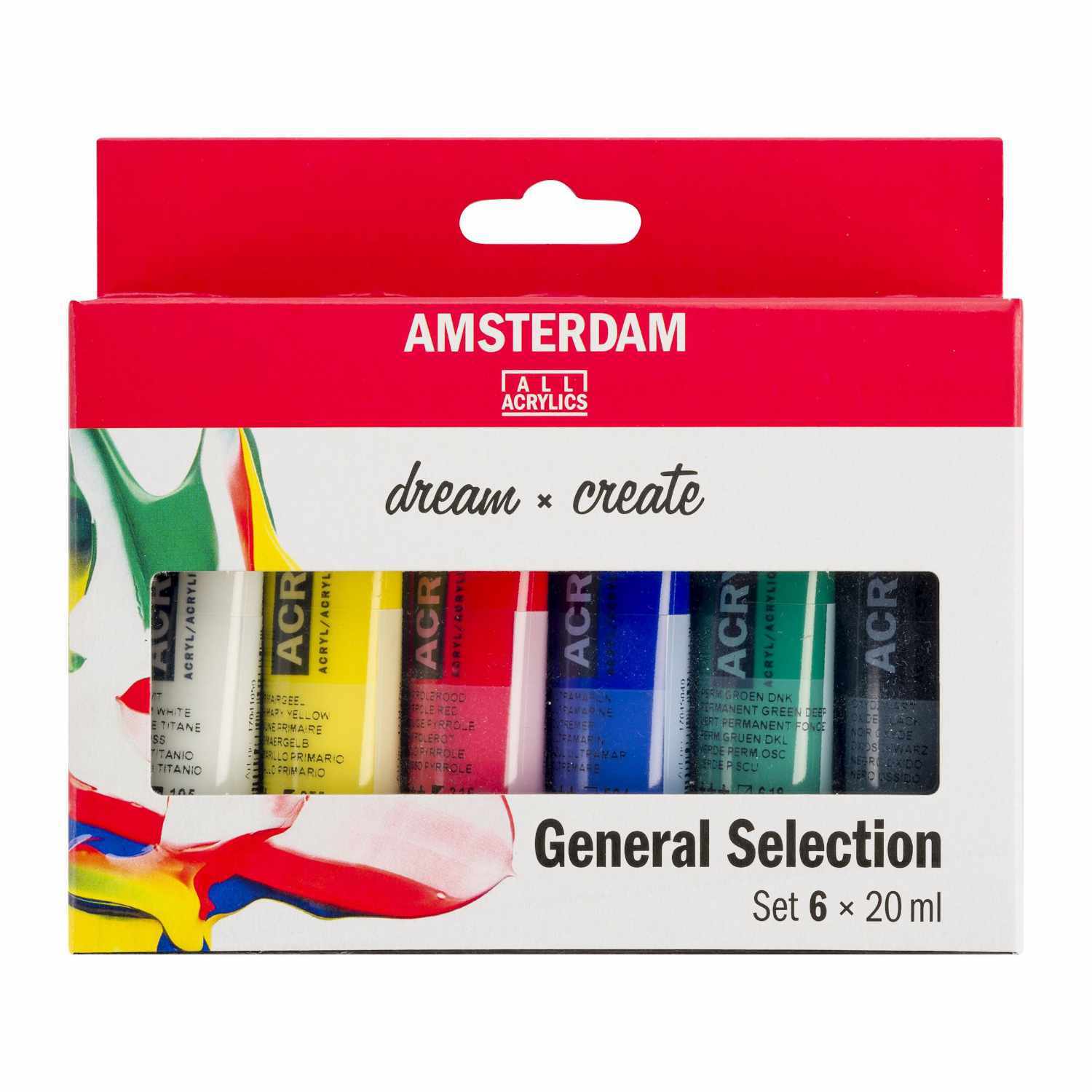 Acrylfarbe Set 6x20ml: Sechs bunte Acrylfarben in einer Verpackung von AMSTERDAM, ideal zum kreativen Malen.