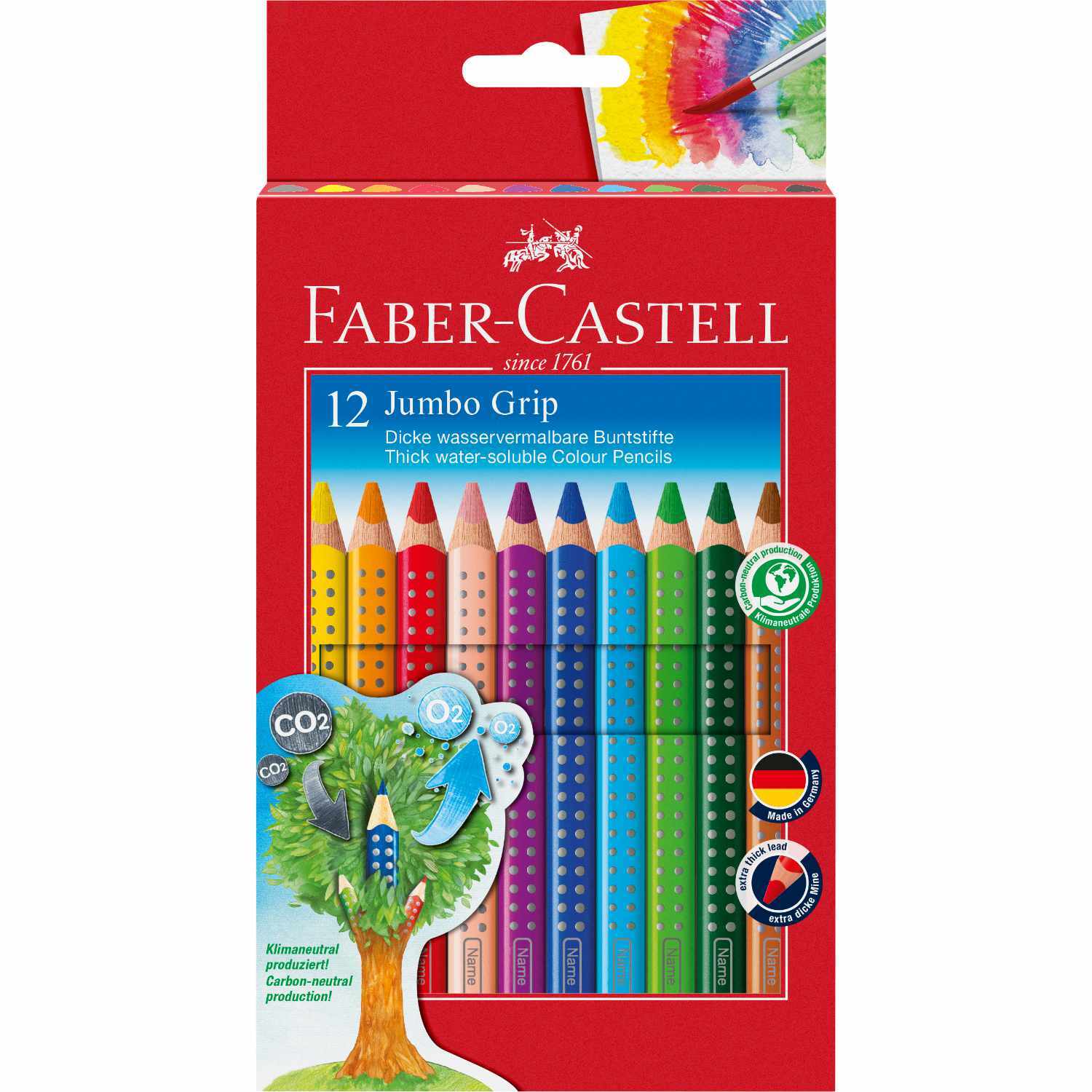 Jumbo Grip Farbstift 12er-Kartonetui mit bunten, dicken Buntstiften von Faber Castell in einer roten Verpackung.