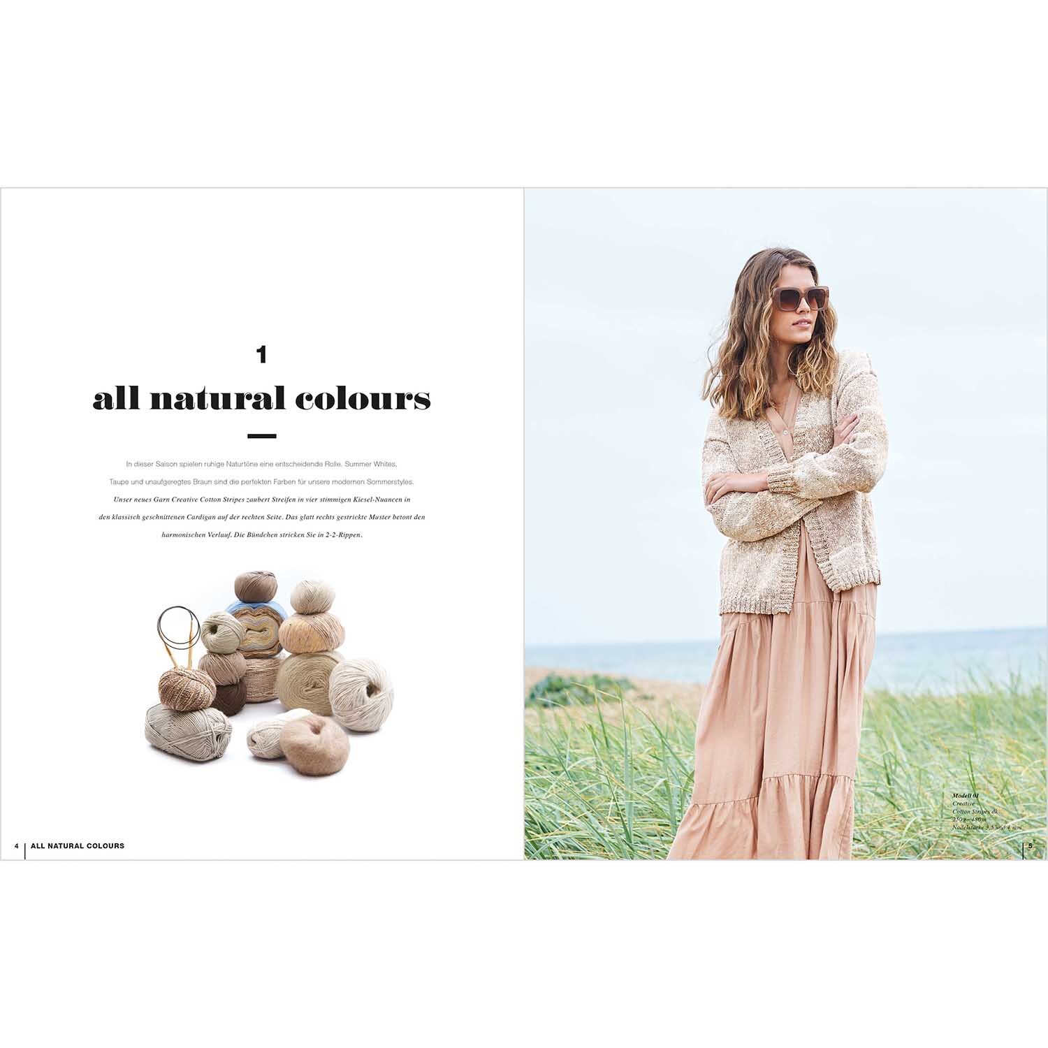Lovewool Nr.14 Handstrickmagazin Frühjahr-Sommer zeigt eine Frau in einem beigen Strickoutfit am Strand. Links sind Wollknäuel in Naturtönen zu sehen.