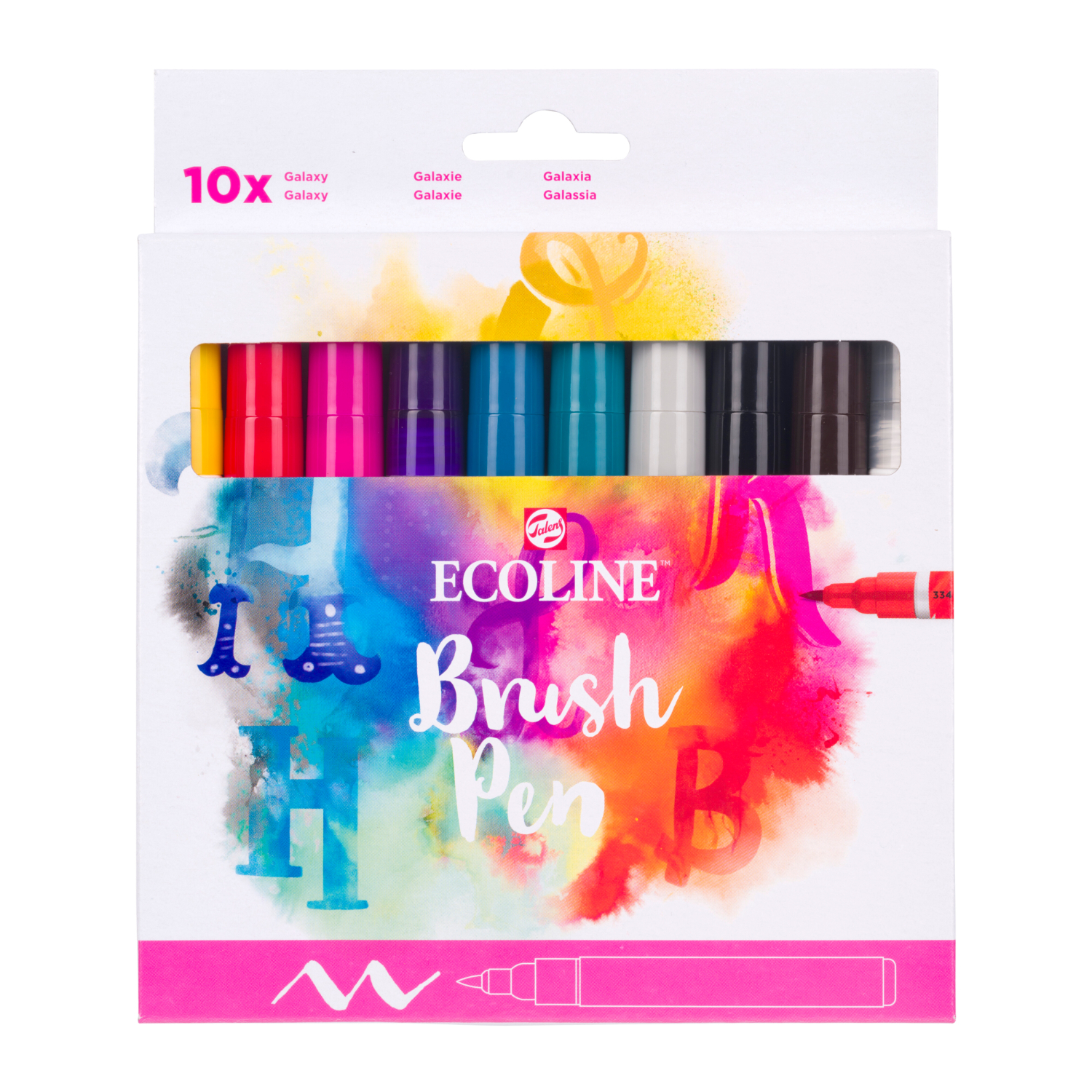 Ecoline Brush Pen Set Galaxie mit 10 farbigen Stiften in einer Verpackung, ideal für kreative Projekte.