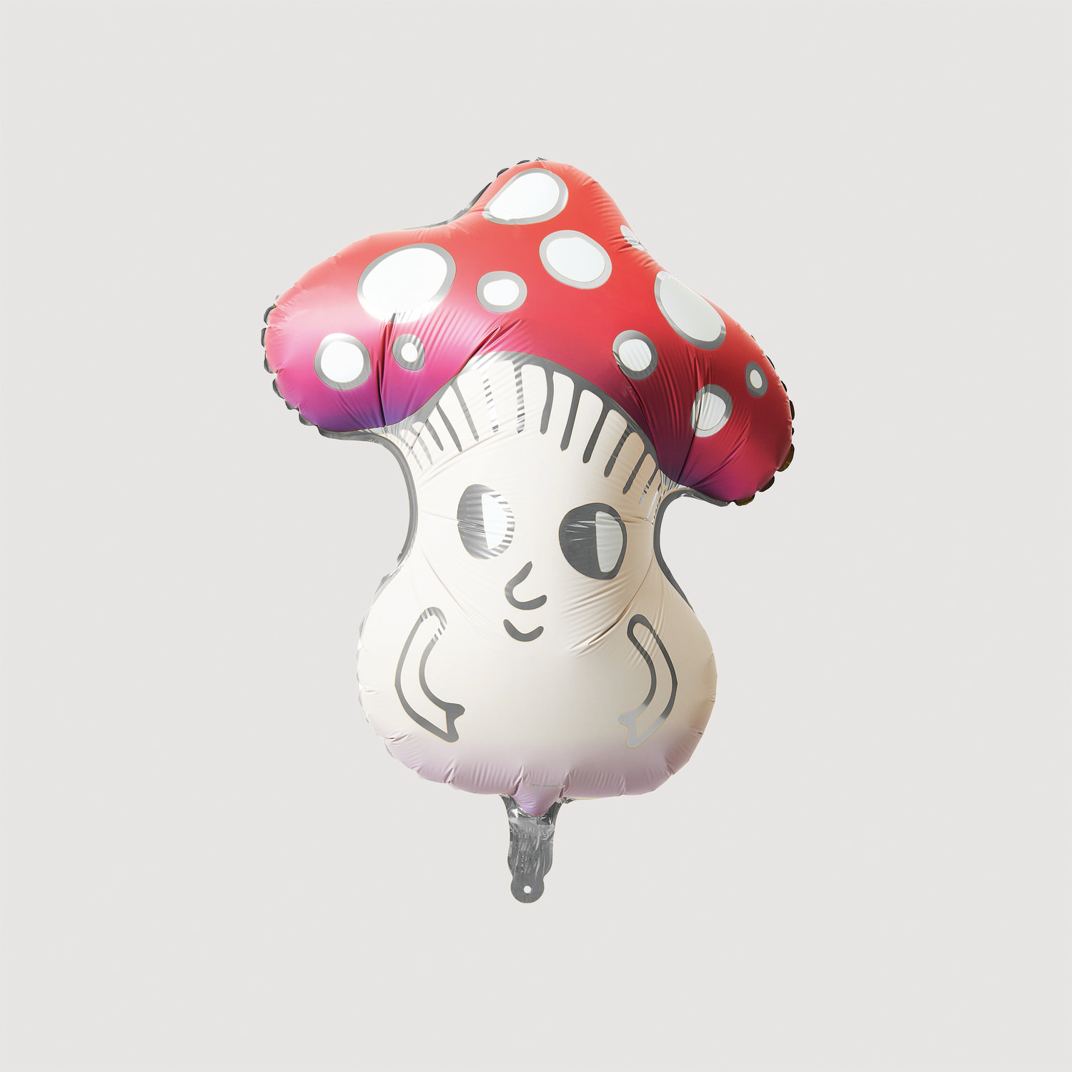 Folienballon Funny Shrooom in Pilzform mit rotem Hut und weißen Punkten, 46x54x24cm.