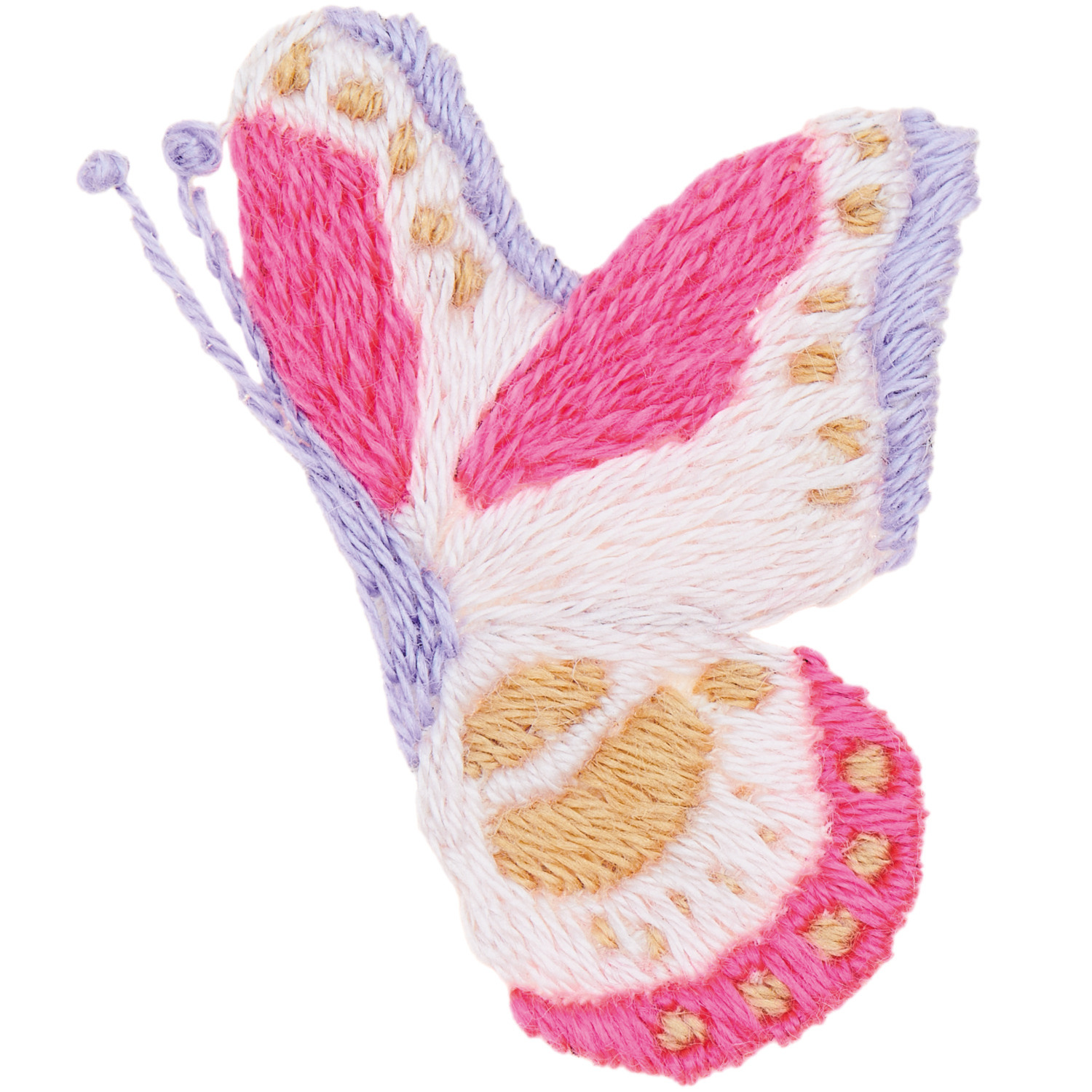 Stick and Stitch Schmetterlinge: Ein gestickter Schmetterling in Rosa und Lila von Rico Design. Ideal für kreative Projekte.