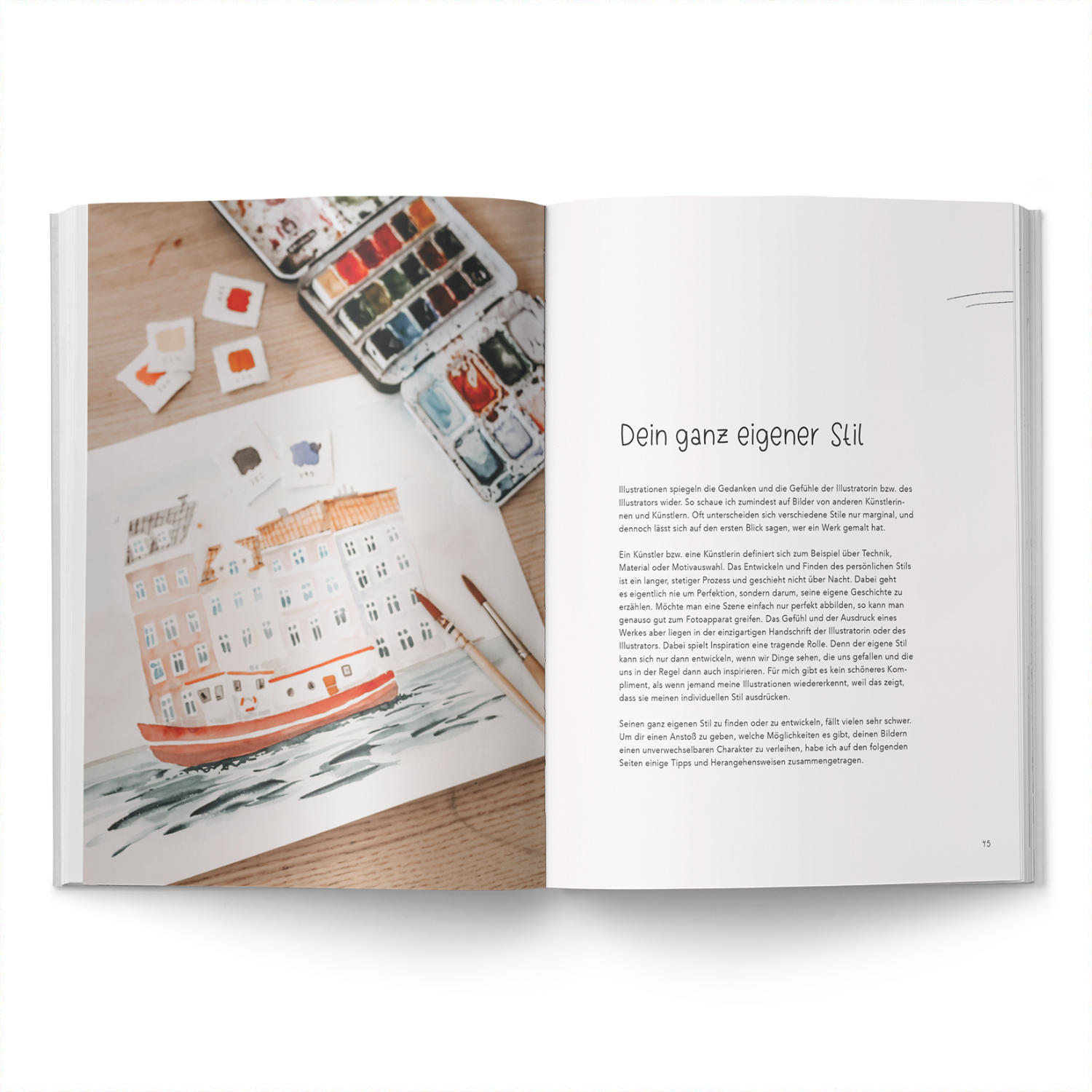 Community Editions Urban Watercolor Journey: Offenes Buch mit Aquarellfarben und gemaltem Hausboot.