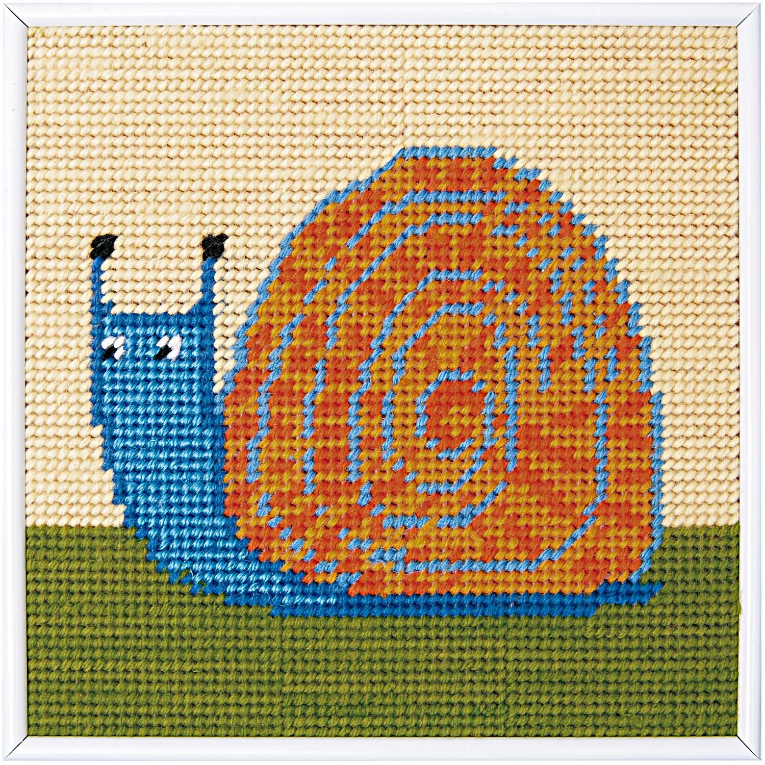 Stickpackung Schnecke 22x22cm zeigt eine bunte Schnecke auf grünem und beigem Hintergrund von Rico Design.