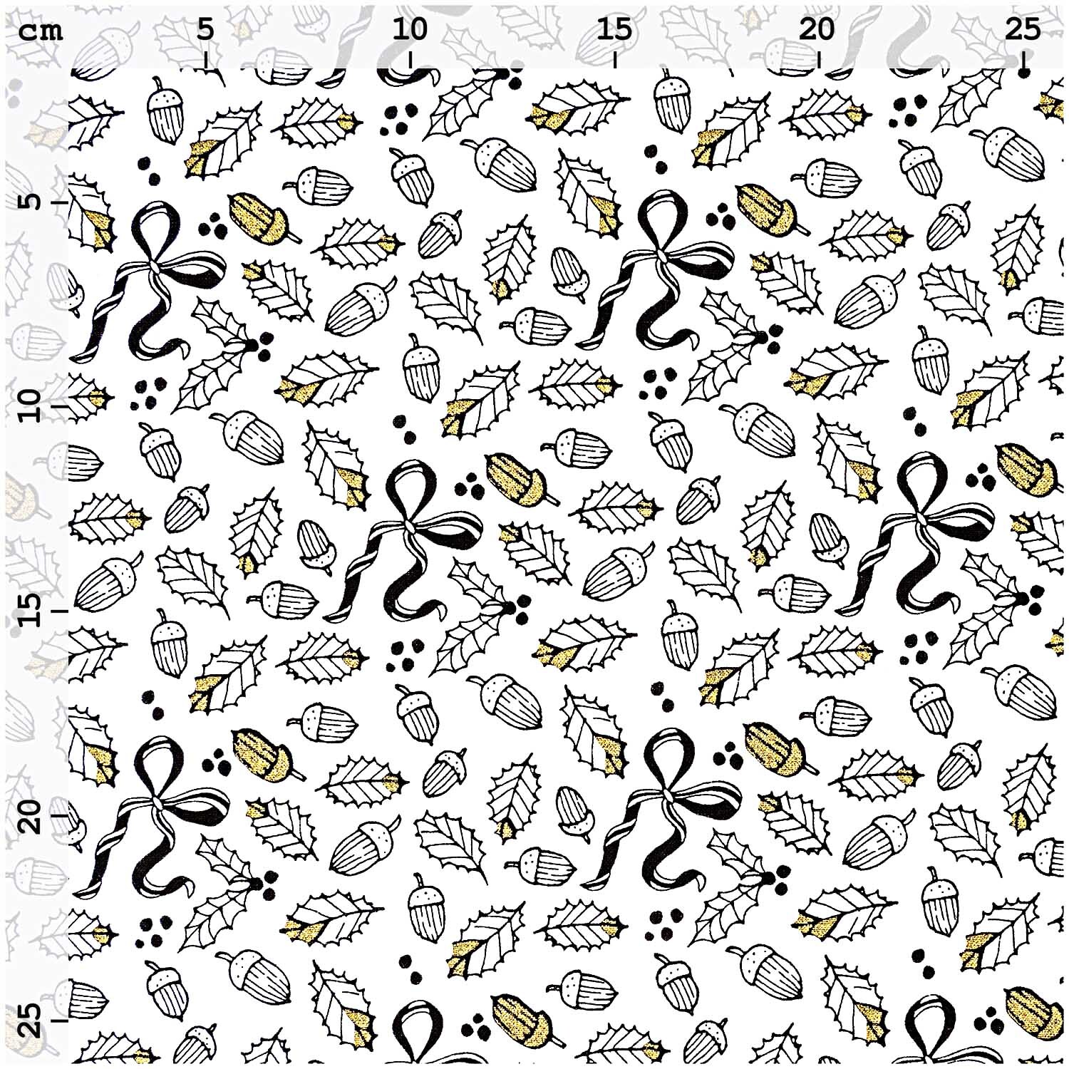 Stoff Eicheln weiß-gold 50x140cm: Weißer Stoff mit goldenen Eicheln und Blättern, Marke Rico Design.