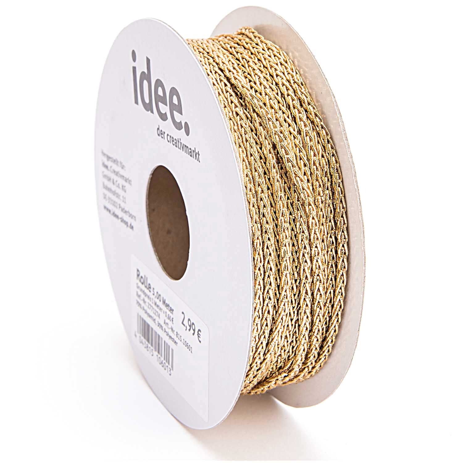 Strickschnur 3mm 5m auf einer Rolle, goldene Farbe, von idee. Creativmarkt, ideal für kreative Projekte.