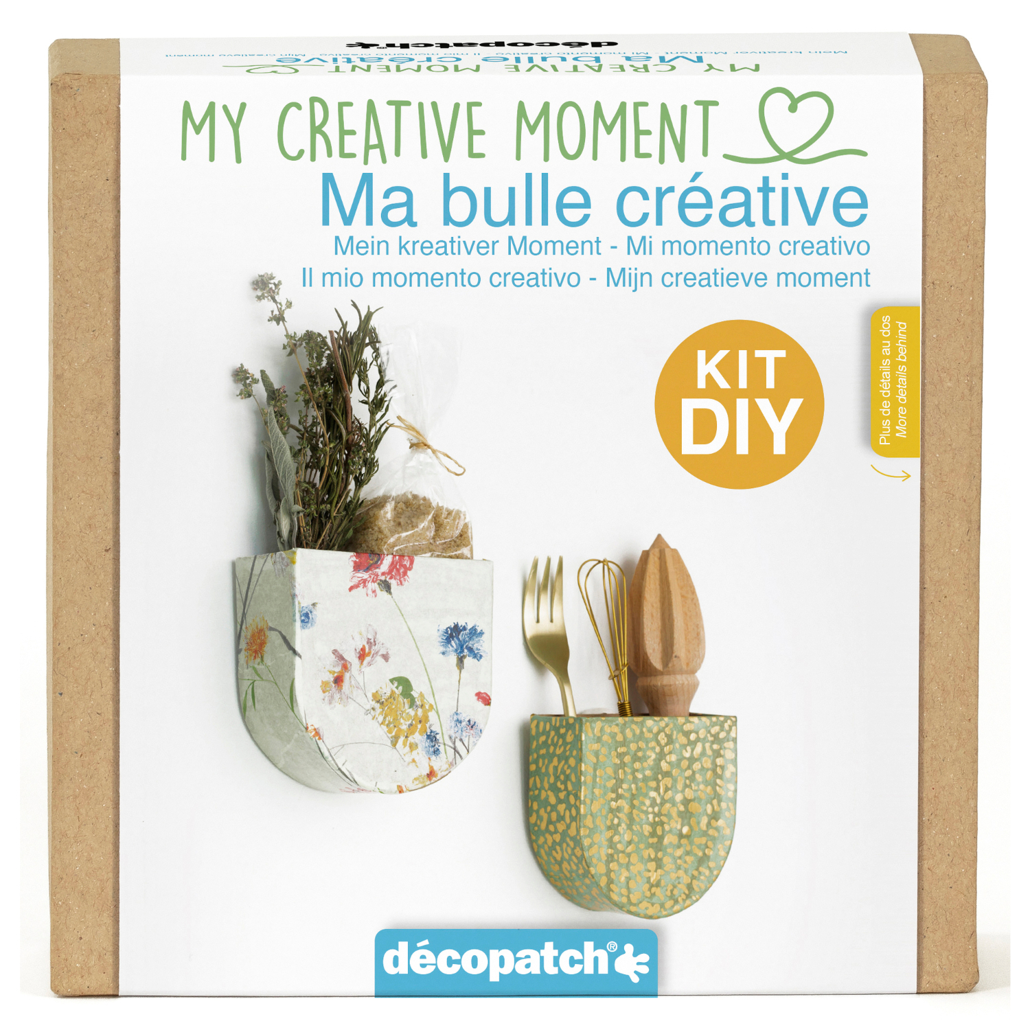 Bastelset Kreativer Moment Wandhalter: DIY-Kit von décopatch mit floralen und grünen Designs, ideal für kreative Dekorationen.