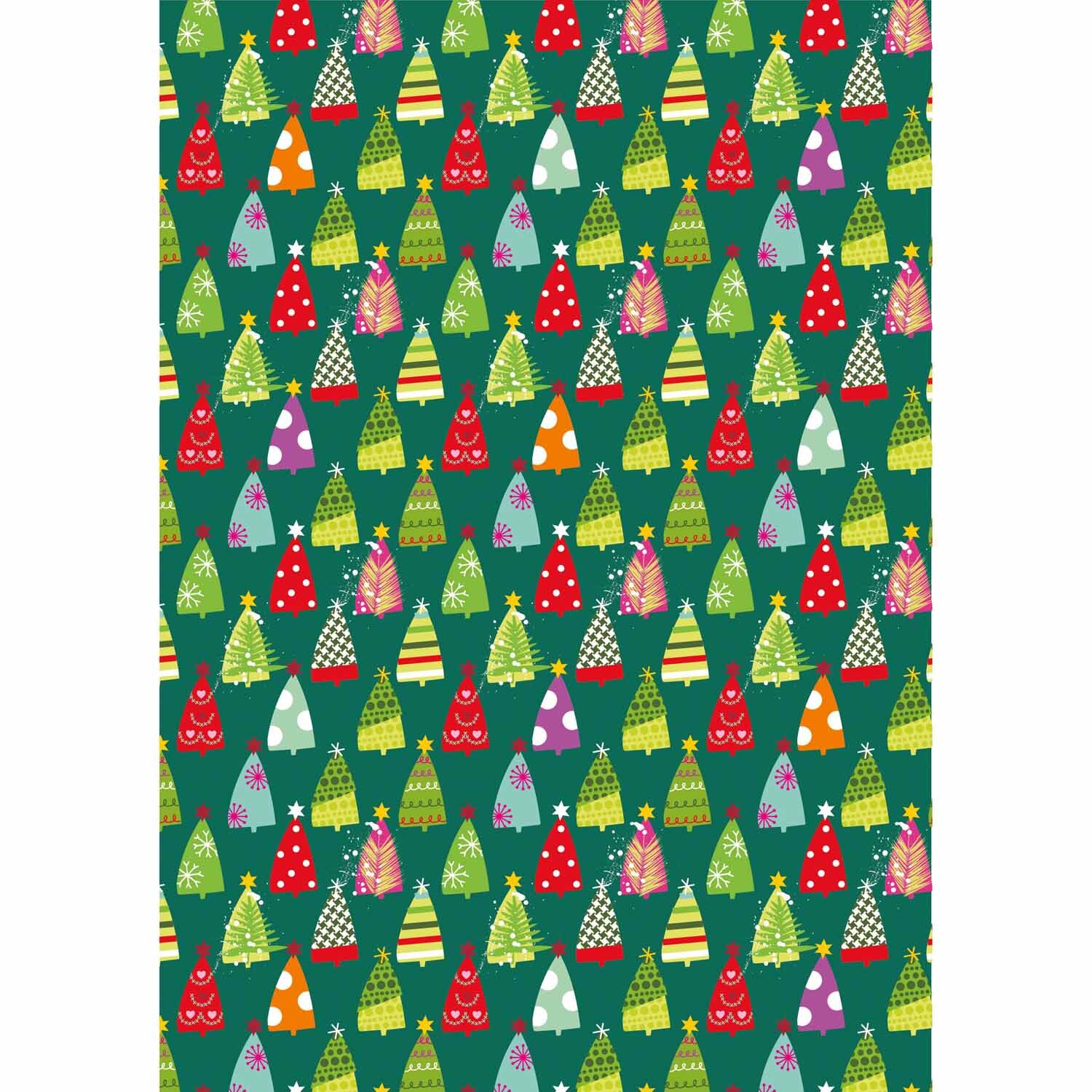 Fotokarton X-MAS Trees 50x70cm mit bunten Weihnachtsbaum-Mustern auf grünem Hintergrund von Marpa Jansen.