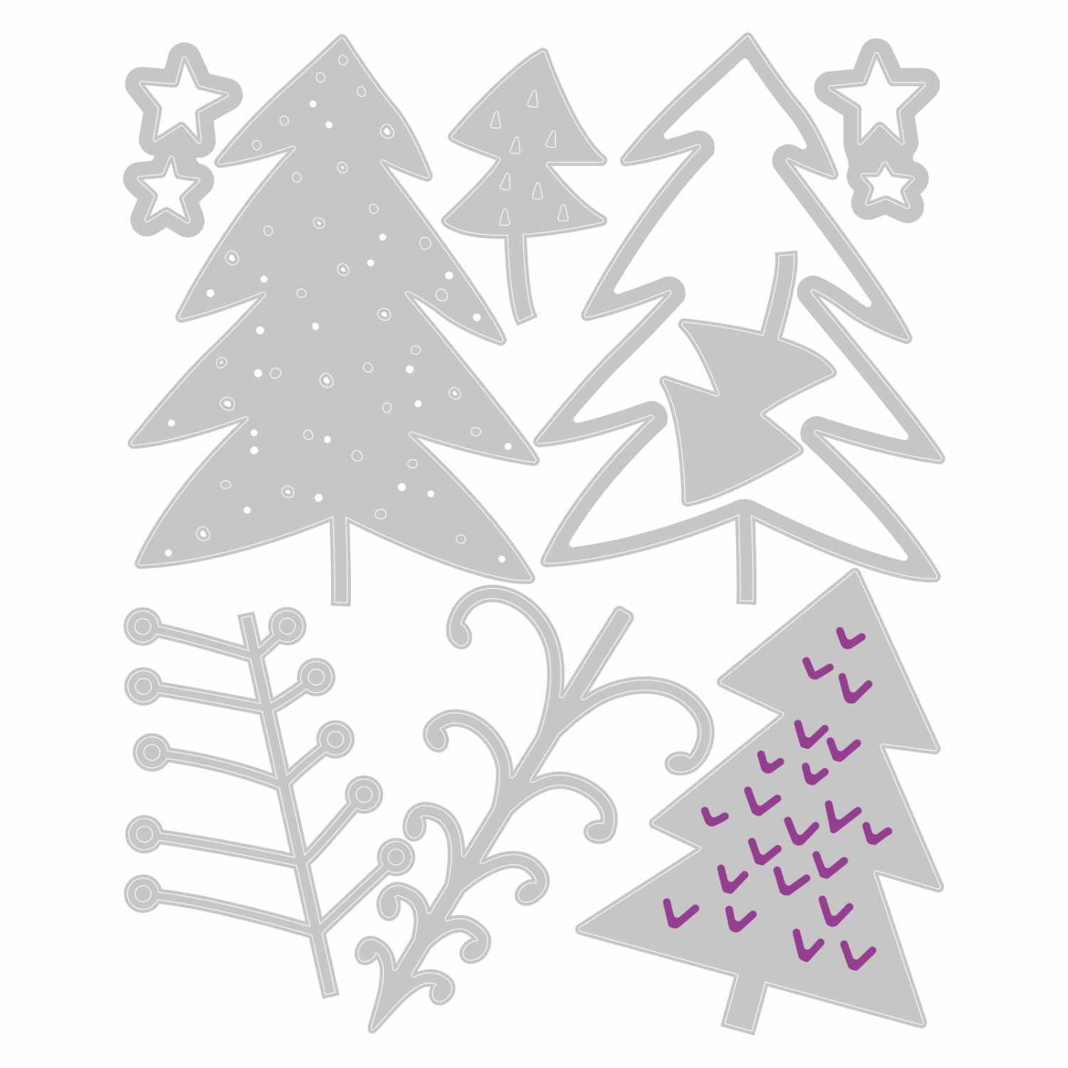 Thinlits Die Set Pine Forest: Stanzformen-Set mit Tannenbäumen und Sternen von Sizzix in Grau und Lila.