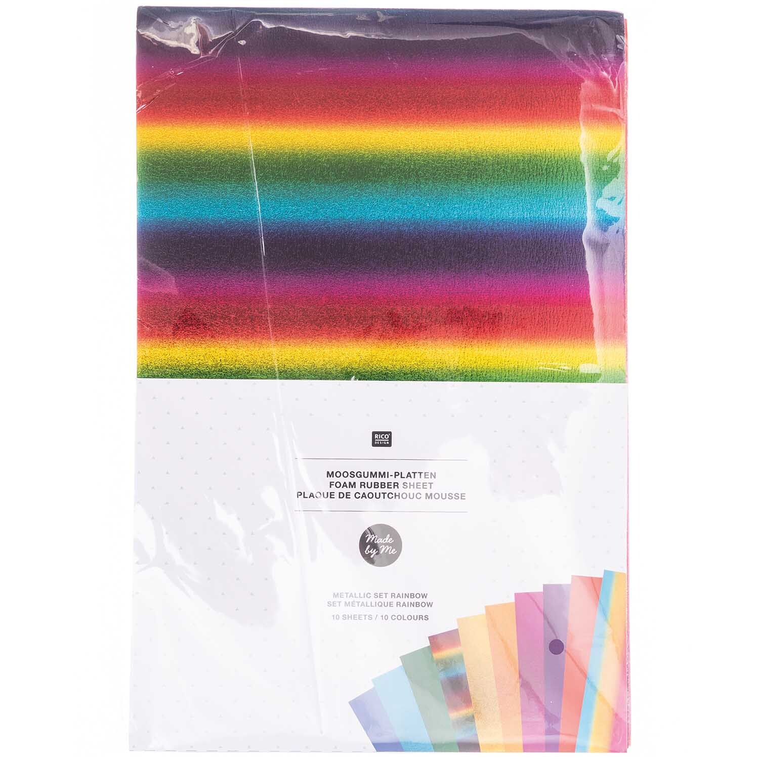 Moosgummimix 2mm 20x30cm 10 Farben von Rico Design. Bunte Moosgummiplatten in Regenbogenfarben.