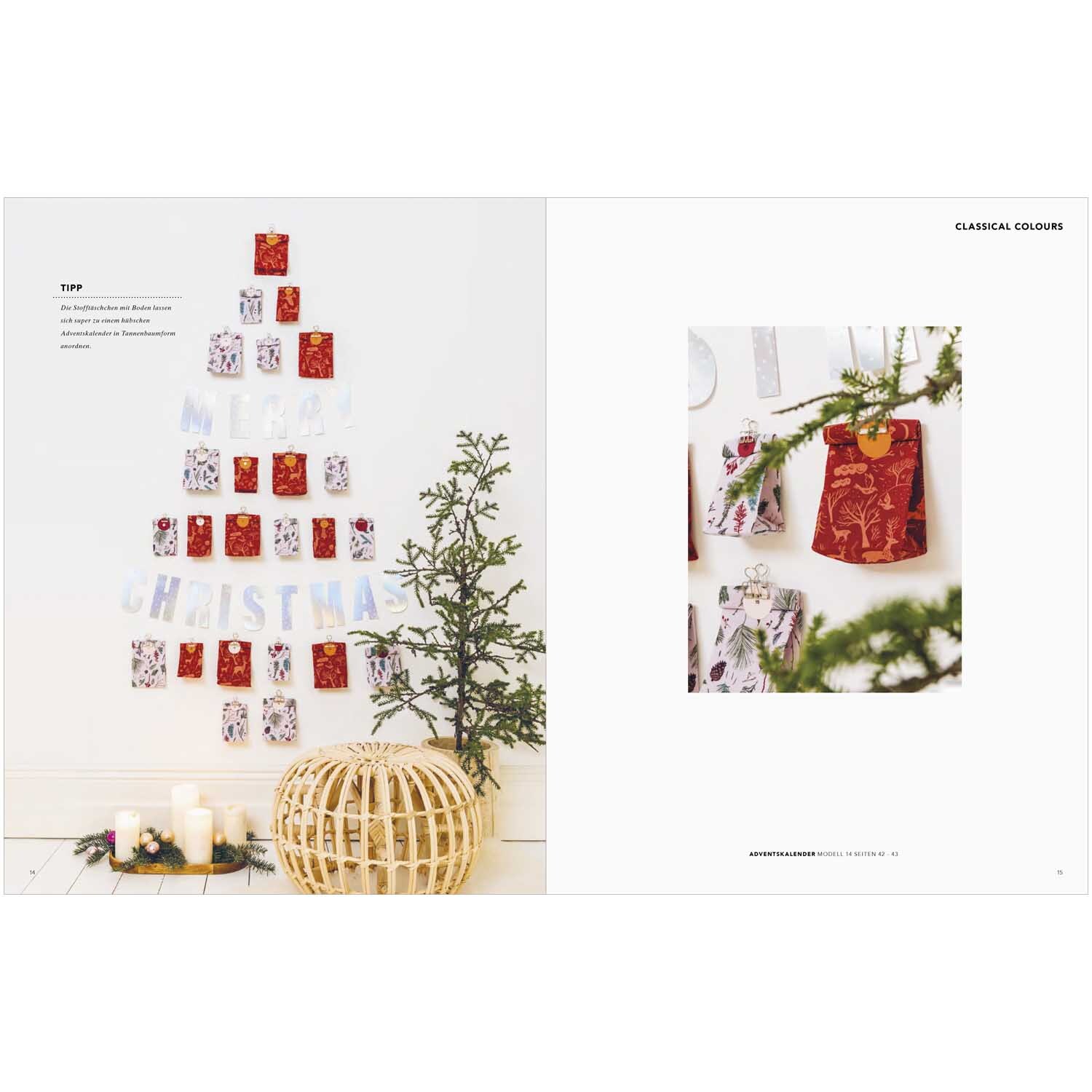 Das kleine Rico Nähbuch Weihnachten zeigt kreative Weihnachtsdeko mit genähten Elementen in Rot und Weiß, ideal für festliche Bastelideen.