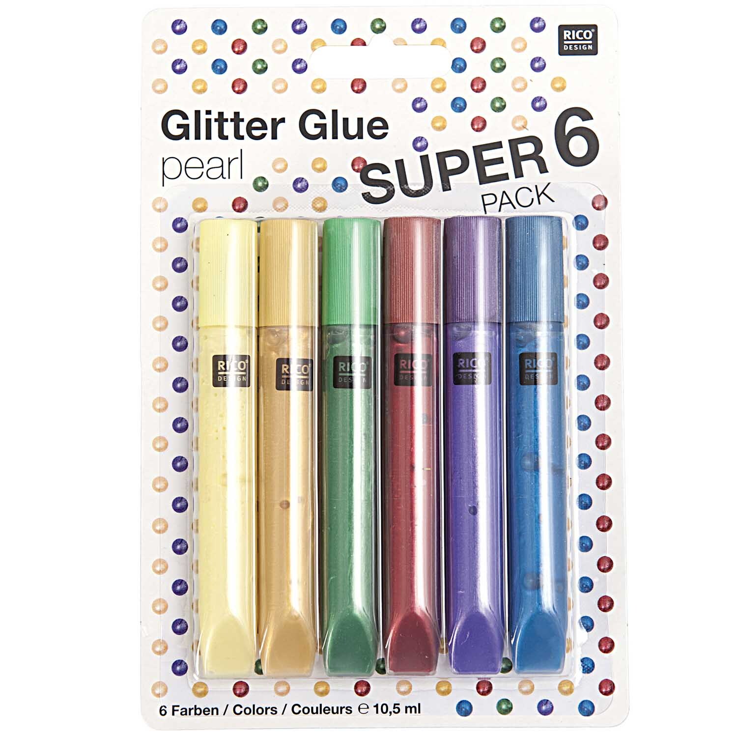 Glitter Glue pearl 6x10,5ml von Rico Design: Sechs bunte Glitzerkleber in einer Verpackung. Ideal für kreative Bastelprojekte.