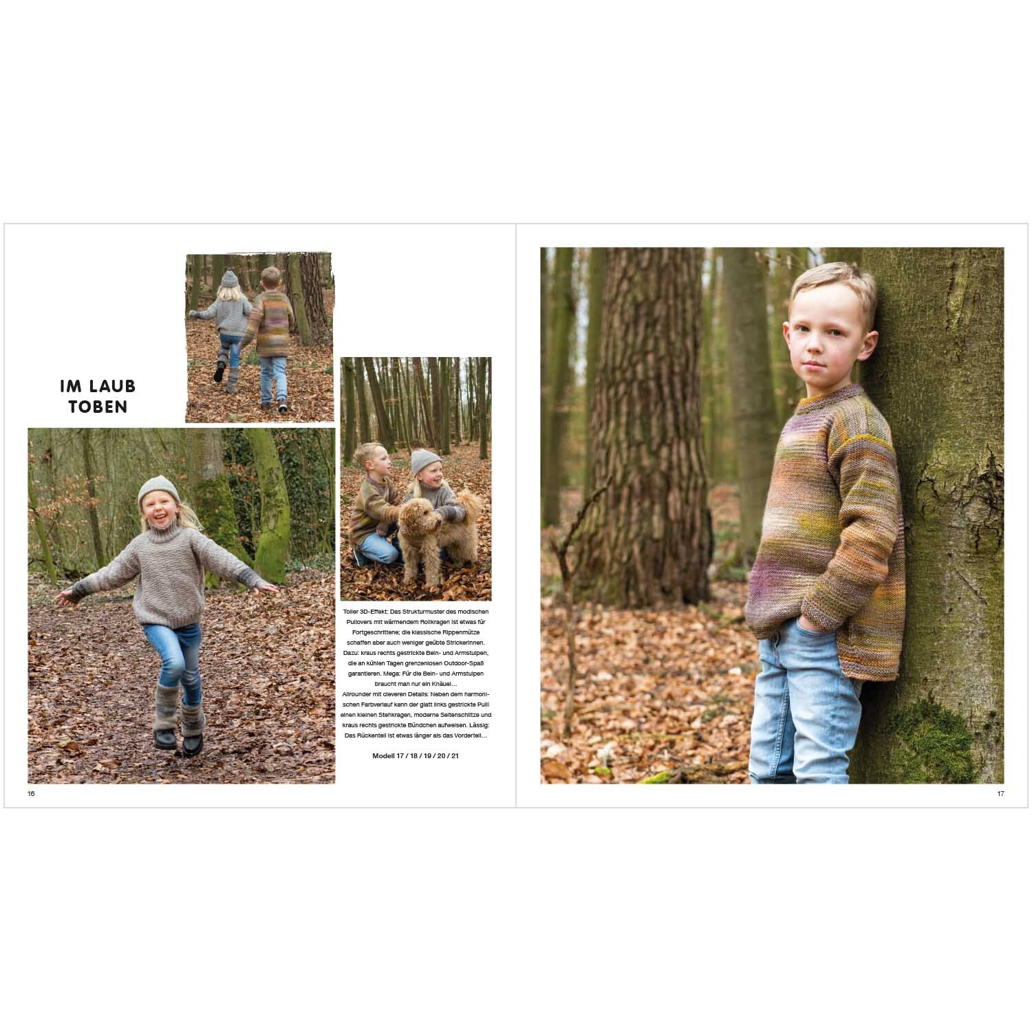 Kids Nr.8: Ein Kind in einem bunten Pullover lehnt an einem Baum im herbstlichen Wald.