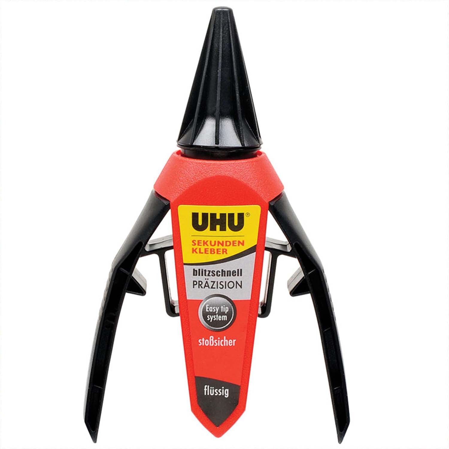 Sekundenkleber Präzision 3g von UHU in roter Verpackung mit schwarzem Applikator, ideal für präzises Kleben.