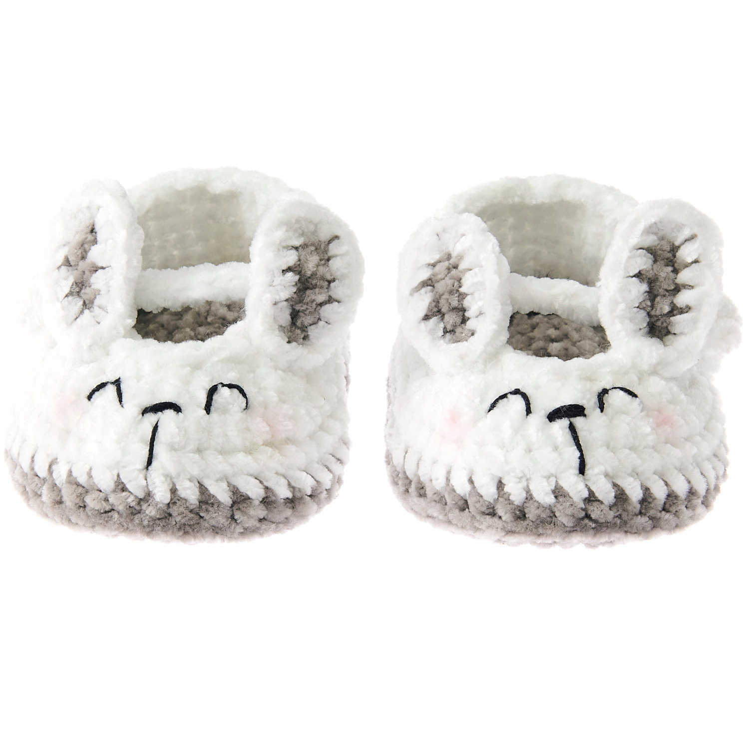 Ricorumi Häkelset Baby Booties Hase von Rico Design: Weiße gehäkelte Babyschuhe mit Hasenmotiv und niedlichen Details.