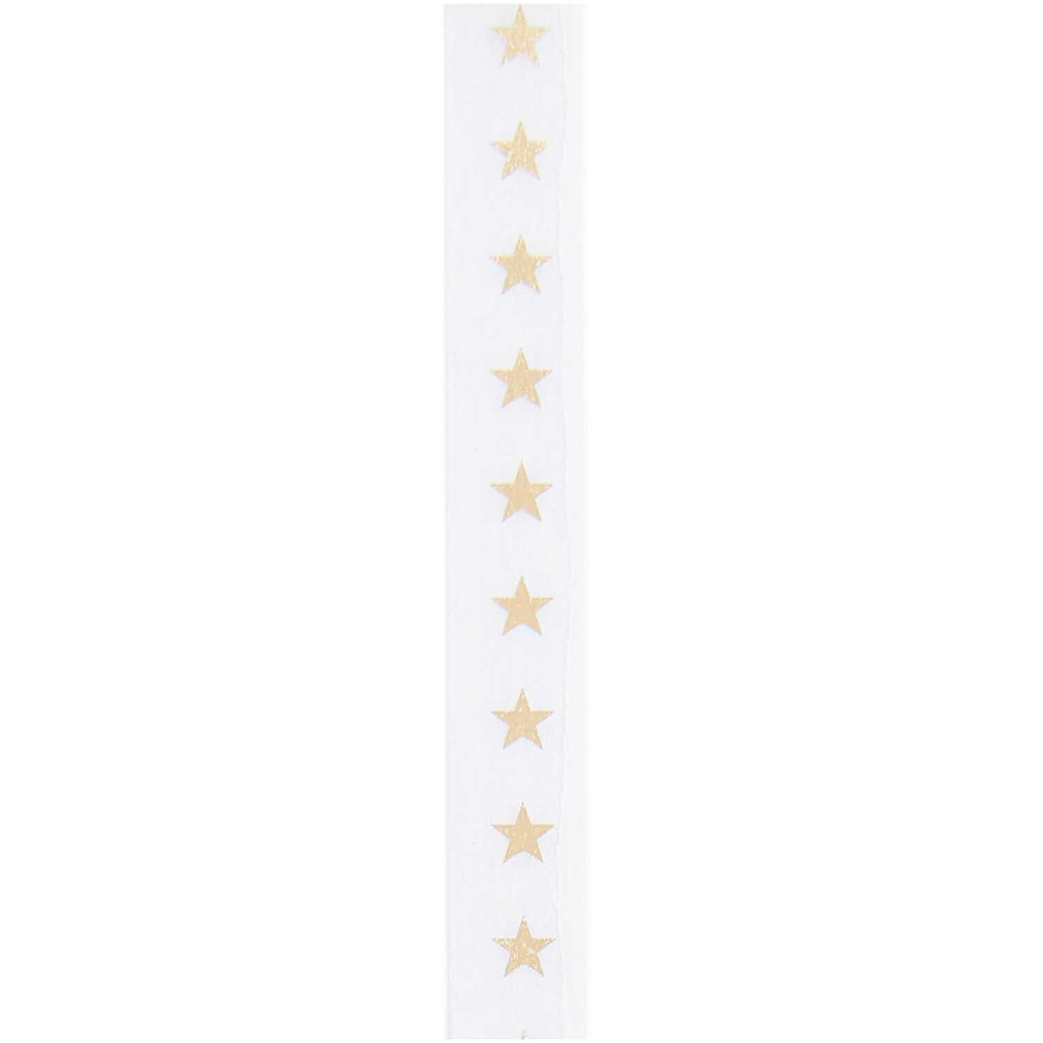 Paper Poetry Tape mit goldenen Sternen auf weißem Hintergrund, 1,5 cm breit, 10 m lang.