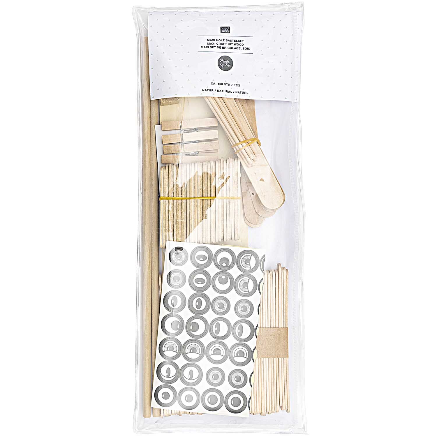 DIY-Holzbastelset von Rico Design, 140-teilig. Enthält Holzstäbe, Formen und Aufkleber in einer transparenten Verpackung. Ideal für kreative Projekte.
