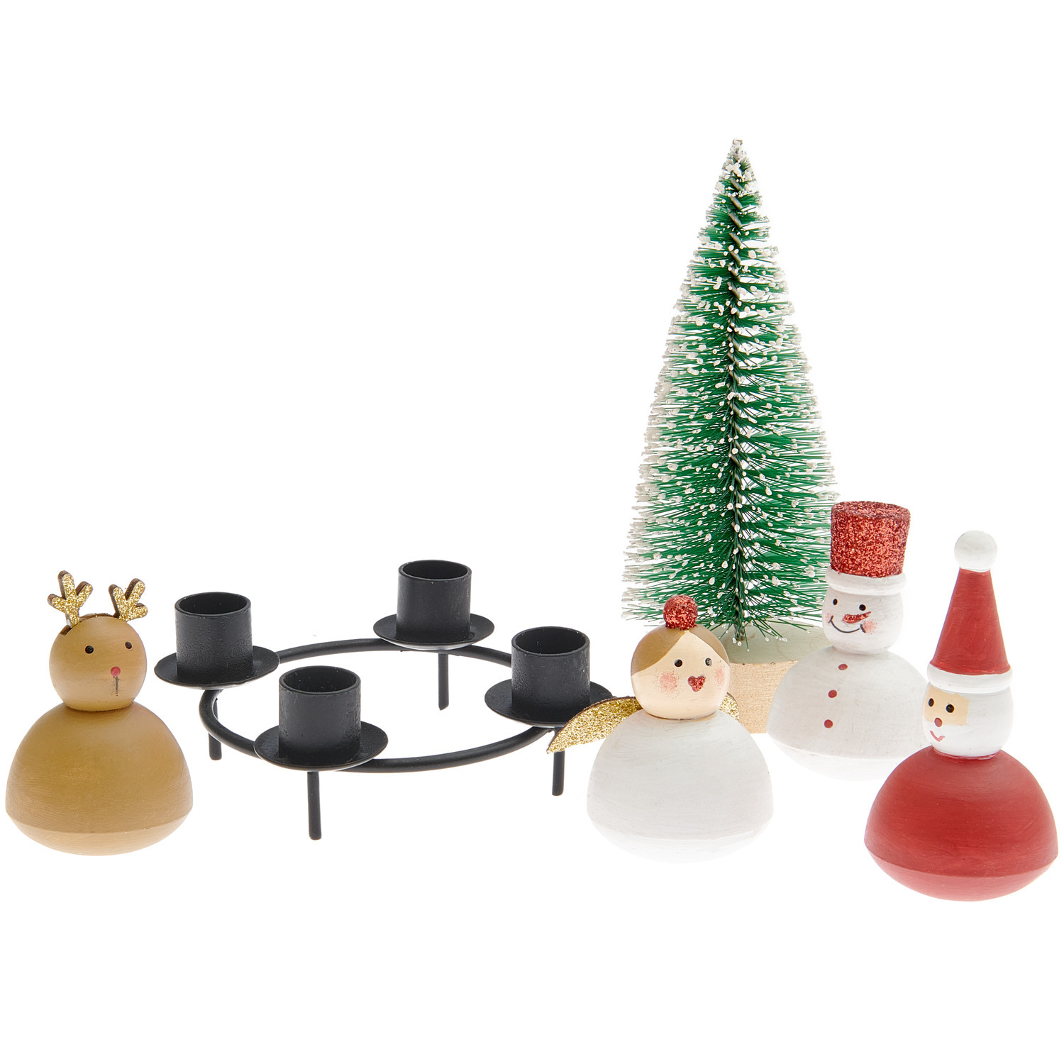 Mini-Adventskerzenhalter „X-Mas Figuren“, 6-teilig, mit Tannenbaum und weihnachtlichen Figuren in festlichen Farben.