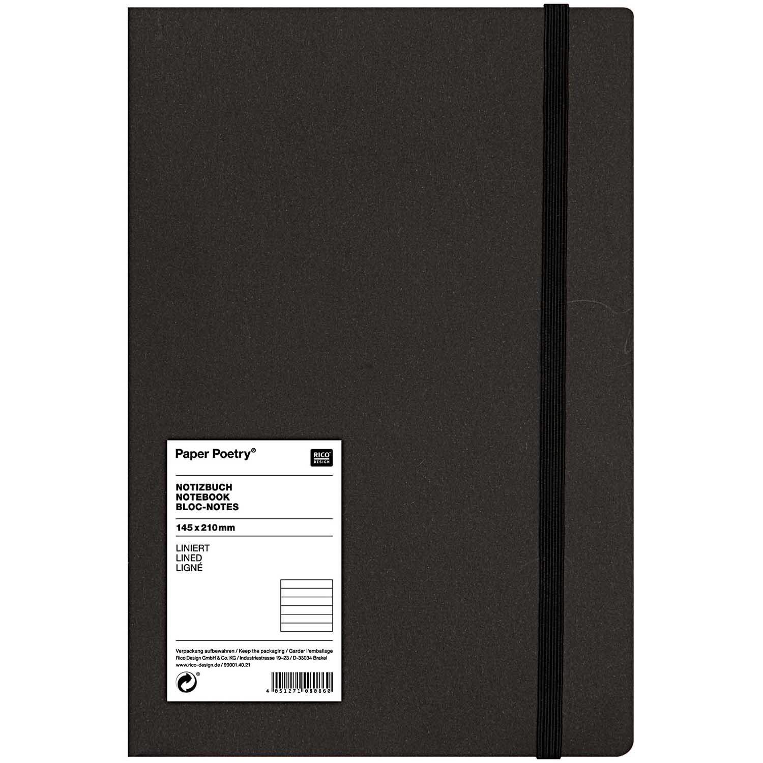 Paper Poetry Notizbuch in A5 mit schwarzem Einband und elastischem Verschlussband, ideal für Notizen.