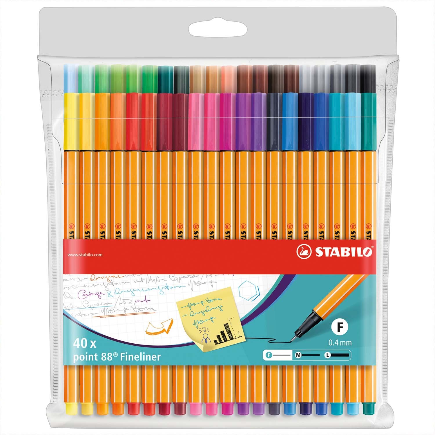 Point 88 Fineliner im Etui zeigt 40 leuchtende Farben von STABILO, ideal für präzises Zeichnen.