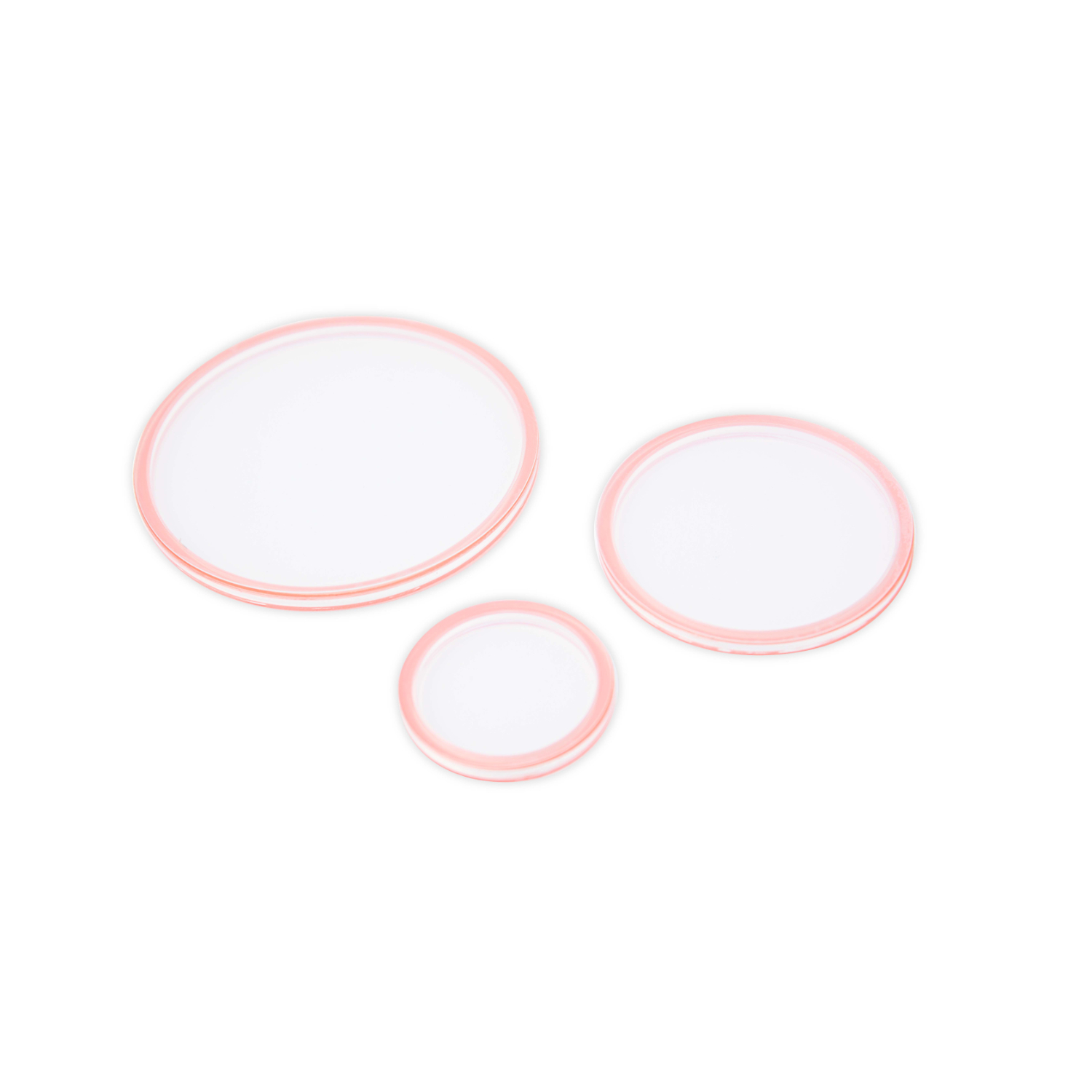 Making Essential Shaker Panes Circles 3PK von Sizzix: Drei runde, transparente Paneele in verschiedenen Größen auf weißem Hintergrund.