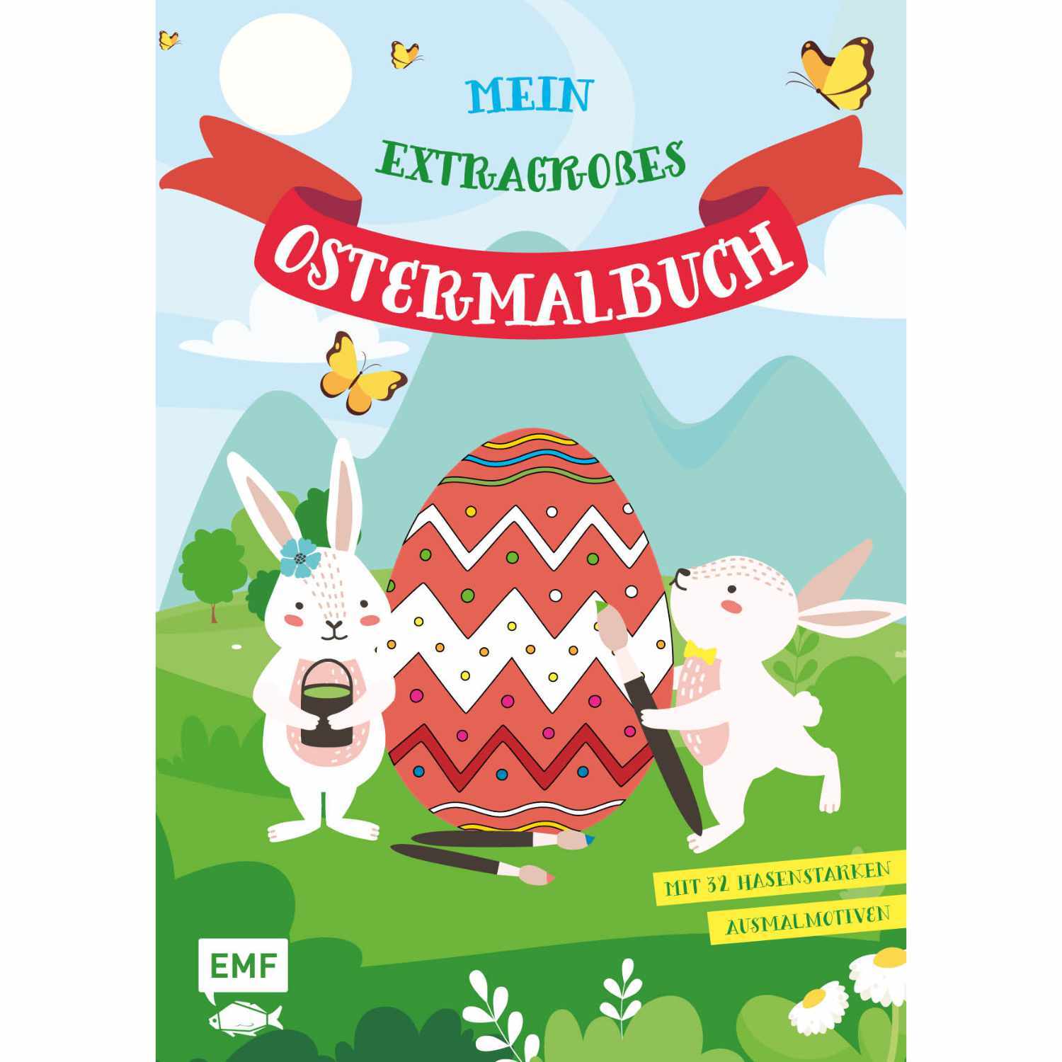 Mein extragroßes Ostermalbuch zeigt zwei Hasen mit einem bunten Ei in einer Frühlingslandschaft.