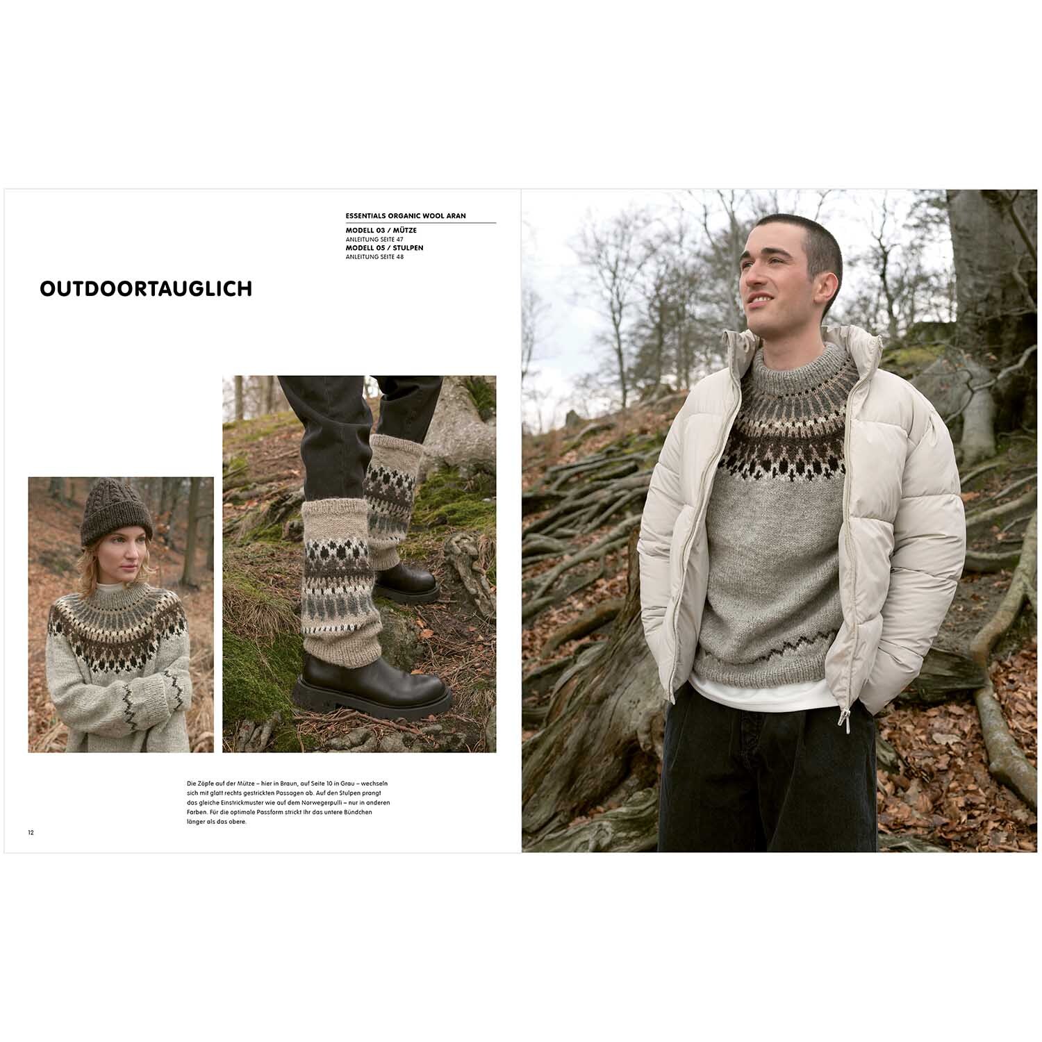 Luxury Knits Winter Special: Mann im grauen Strickpullover und weißer Jacke im Wald, ideal für Outdoor.