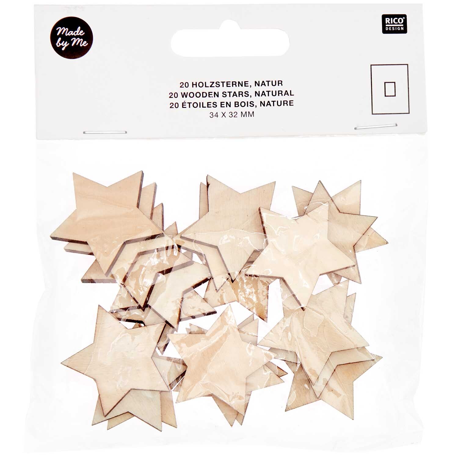 Holzsterne klein 34x32mm 20 Stück von Rico Design, naturfarben, in einer transparenten Verpackung.