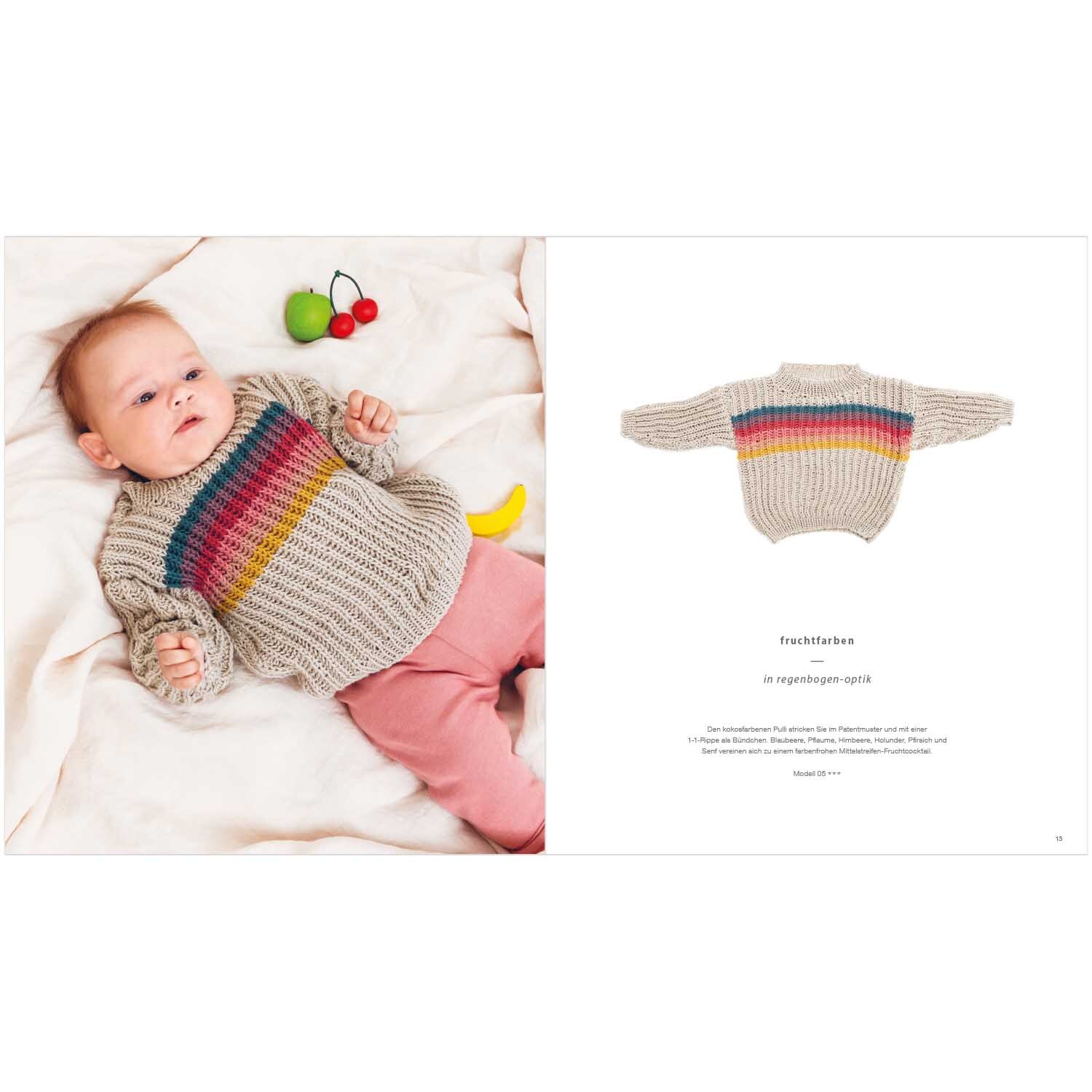 Rico Baby Heft Nr.27 zeigt ein Baby in einem gestrickten Pullover mit buntem Streifenmuster.