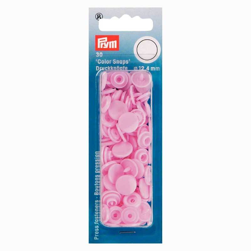 Color Snaps Druckknöpfe rosa 12,4mm 30 Stück von Prym in einer blauen Verpackung mit transparentem Fenster.