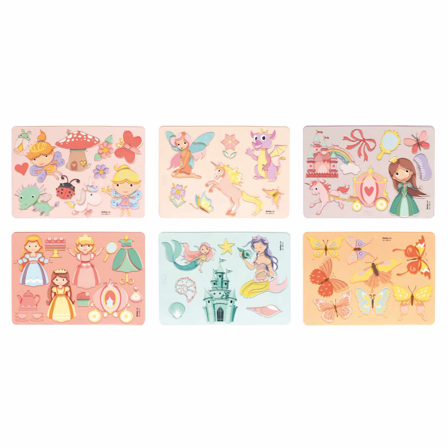 Kreativ-Schablonenset Princess mit sechs bunten Schablonen, ideal für kreative Malprojekte.