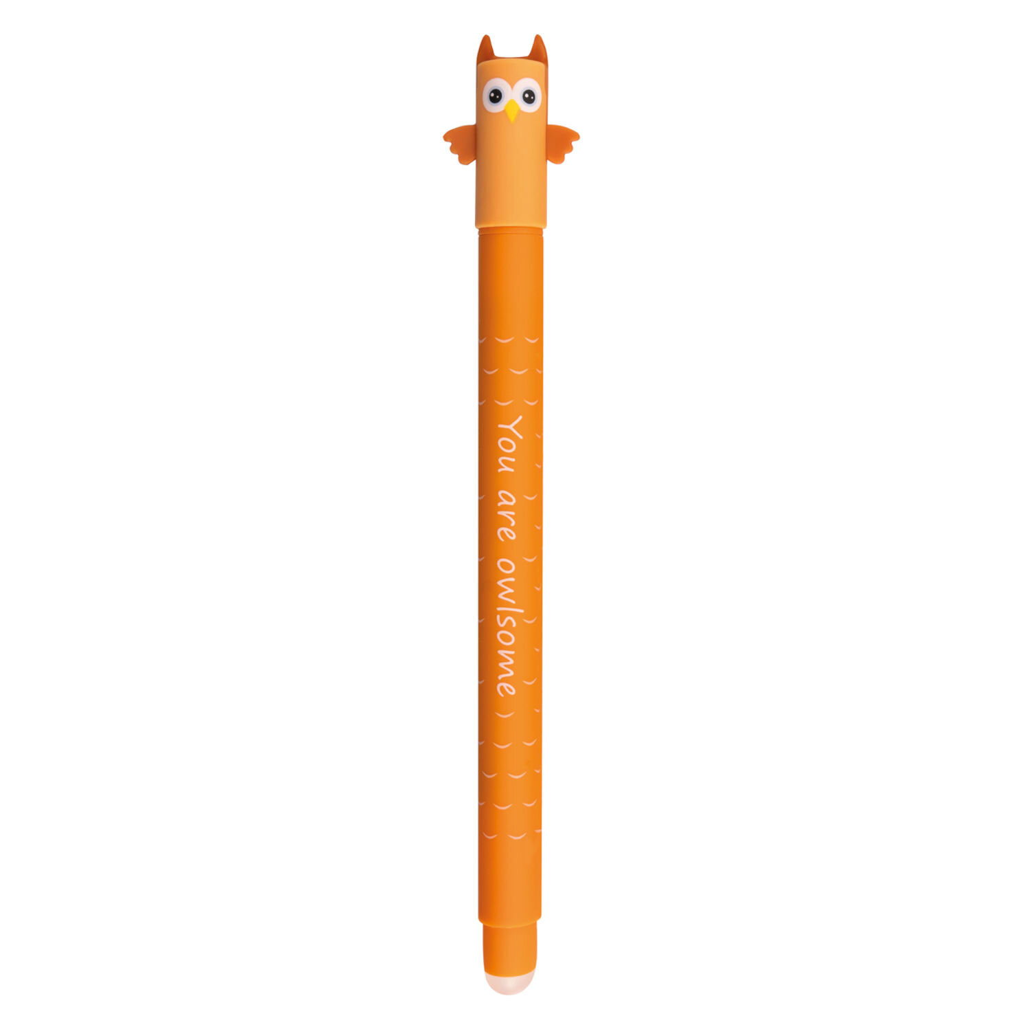 Gelschreiber Animal Erase it, Eberhard Faber, mit orangefarbenem Stiftkörper, Eulenfigur als Kappe, radierbarer Gelmine und Aufdruck „You are owlsome!“