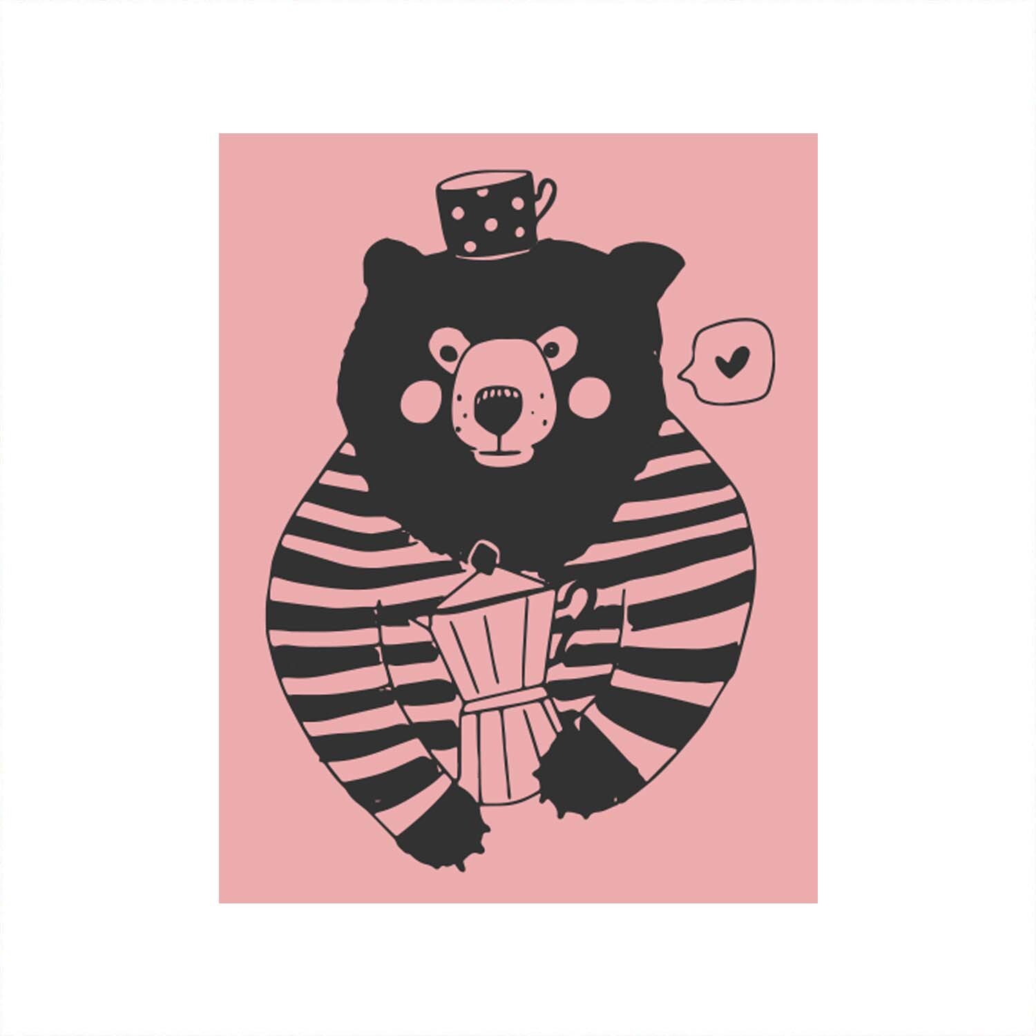 Stempel Bär rosa 35x45mm: Ein Bär mit gestreiftem Pullover und Tasse auf dem Kopf, rosa Hintergrund.