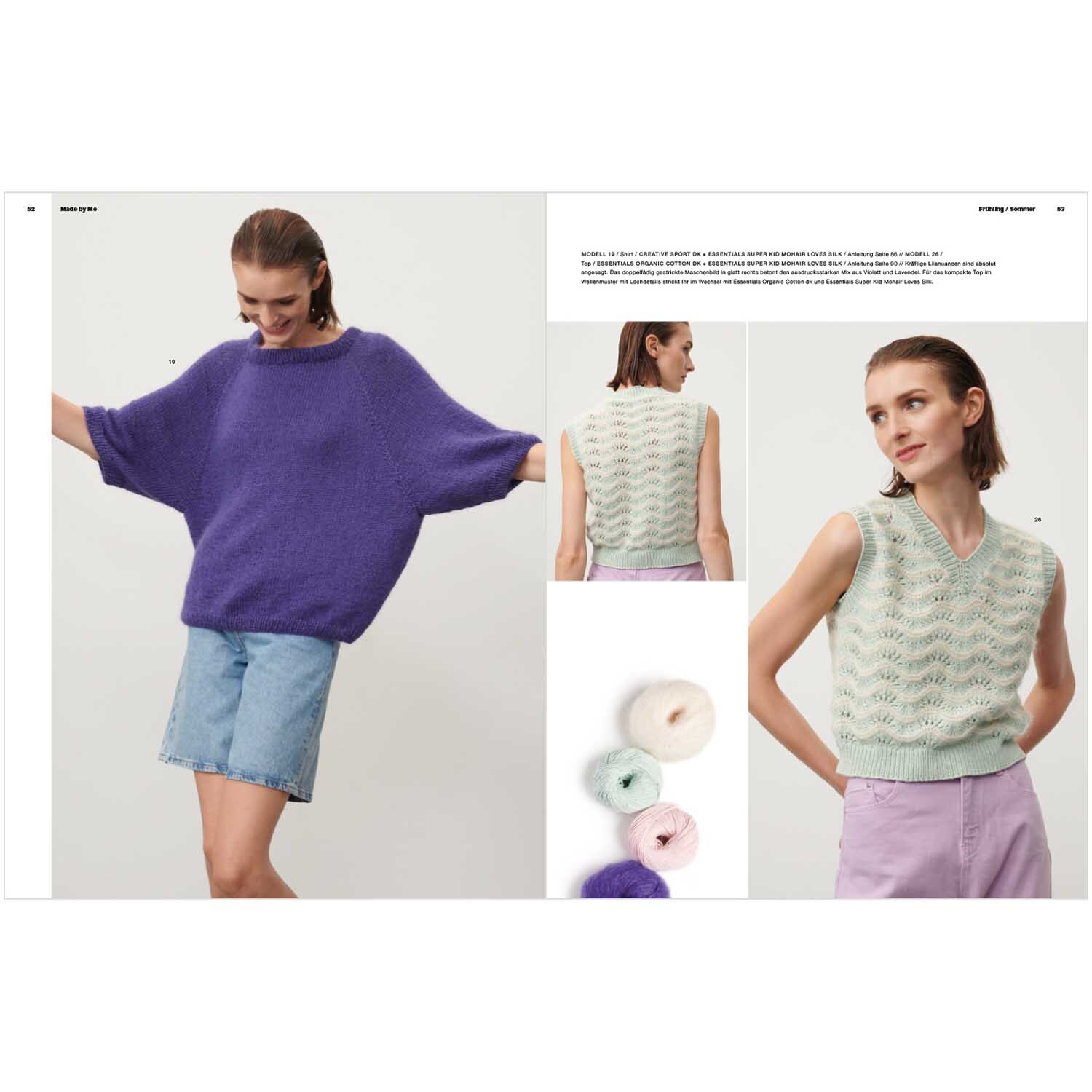 Made by Me Handknitting Nr.14 Frühjahr-Sommer: Frau in lila Pullover und Jeansrock, daneben Frau in mintgrünem Stricktop.