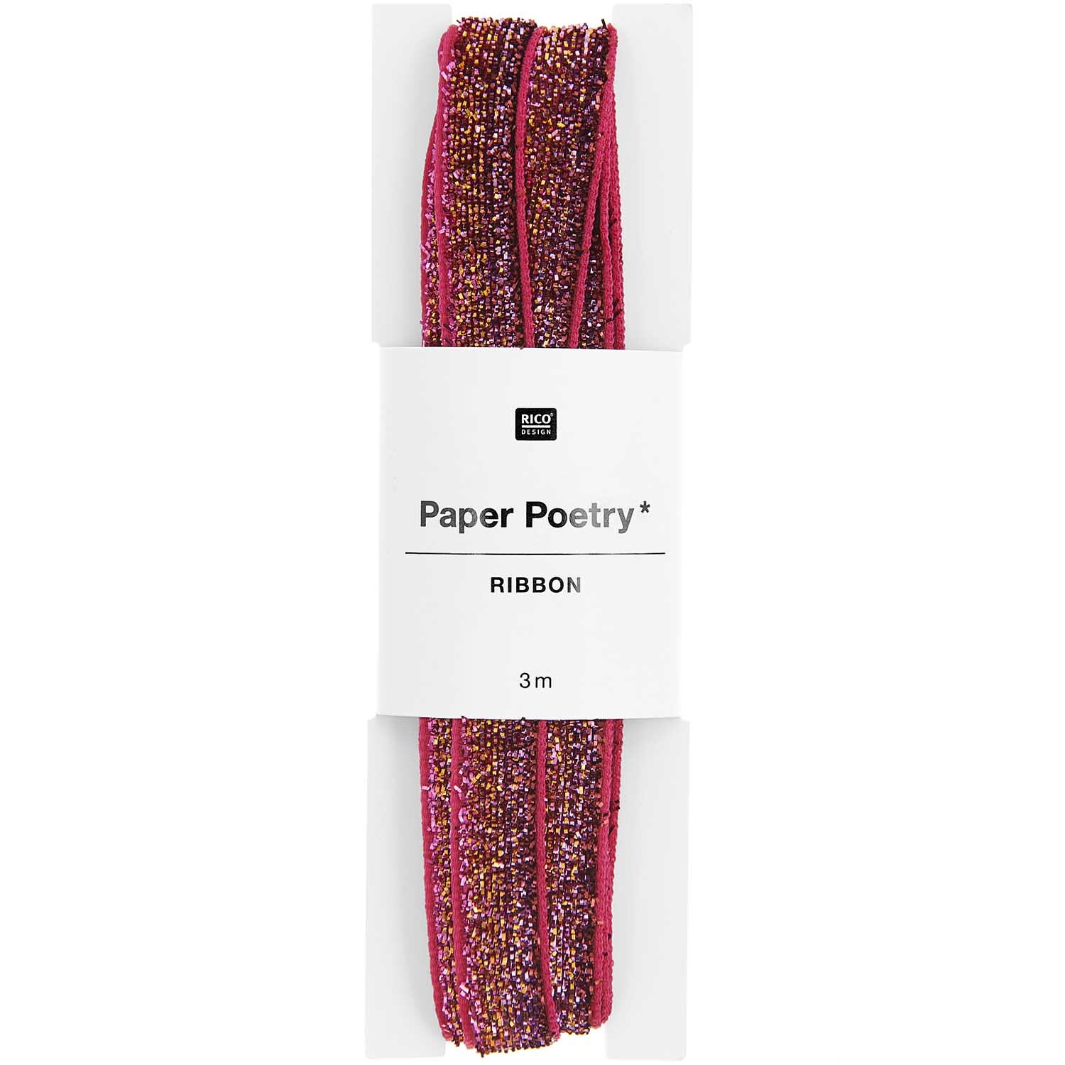 Paper Poetry Glitzerband in Pink, 10mm breit und 3m lang, von Rico Design, auf weißem Hintergrund.