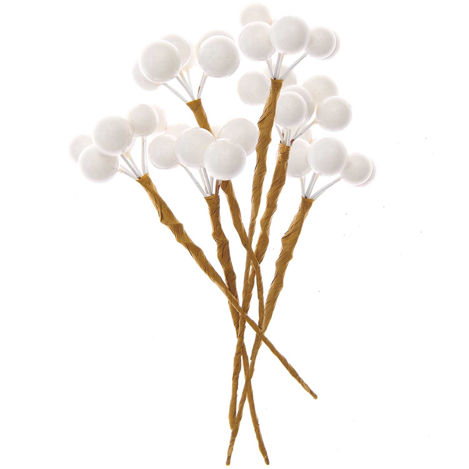 Beerenpick 16,5x8,5cm 6 Stück von Rico Design: Weiße Beeren auf braunen Stielen, dekorativ arrangiert.