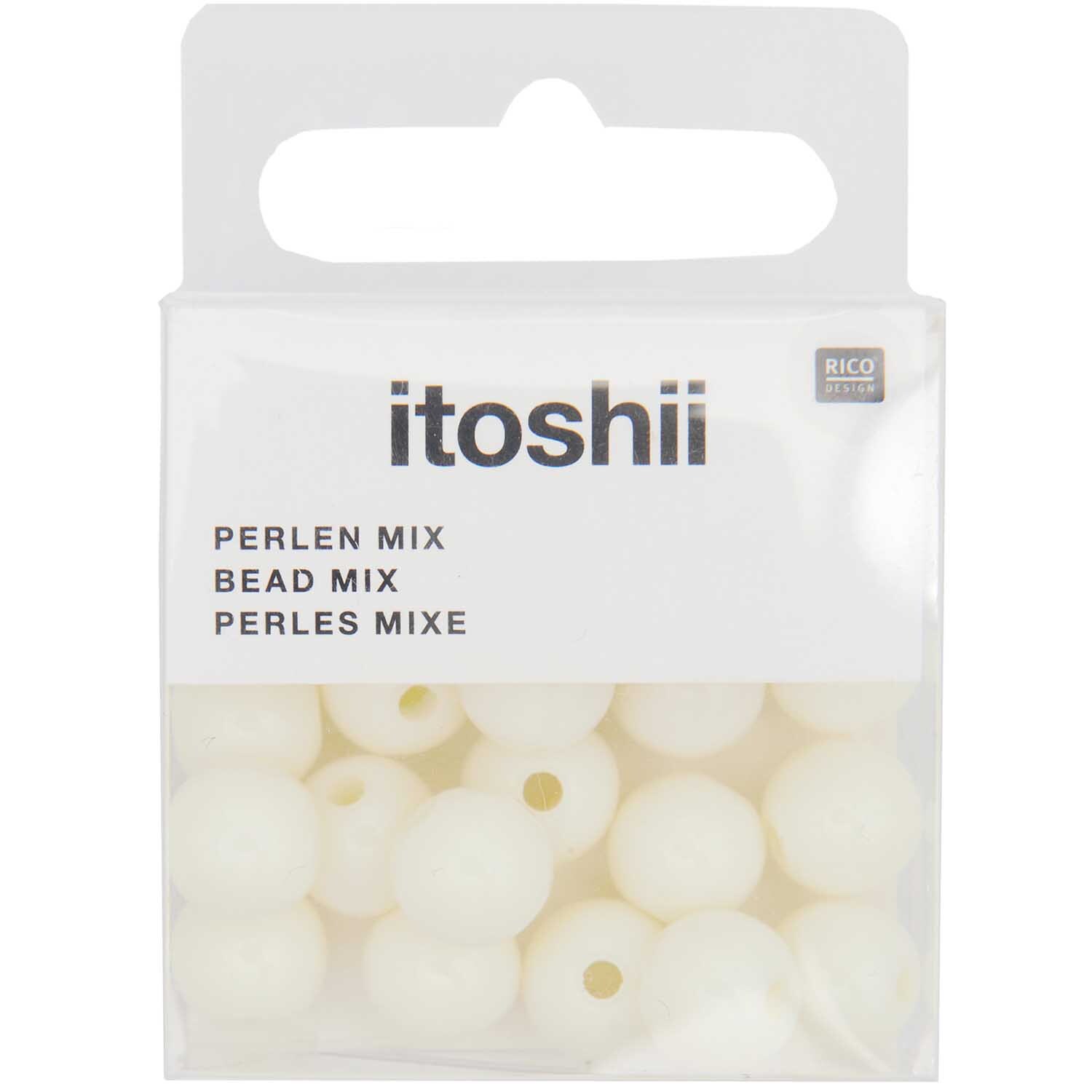itoshii Kunststoffperlen 10mm, 24 Stück, in einer transparenten Verpackung von Rico Design.
