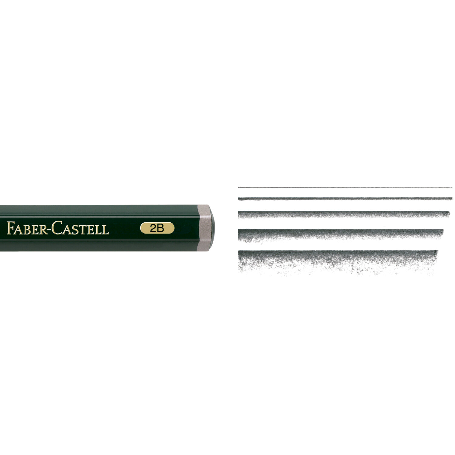 Bleistift Castell 9000 Jumbo, Faber Castell, zeigt grüne Stiftspitze und 2B-Strichproben.