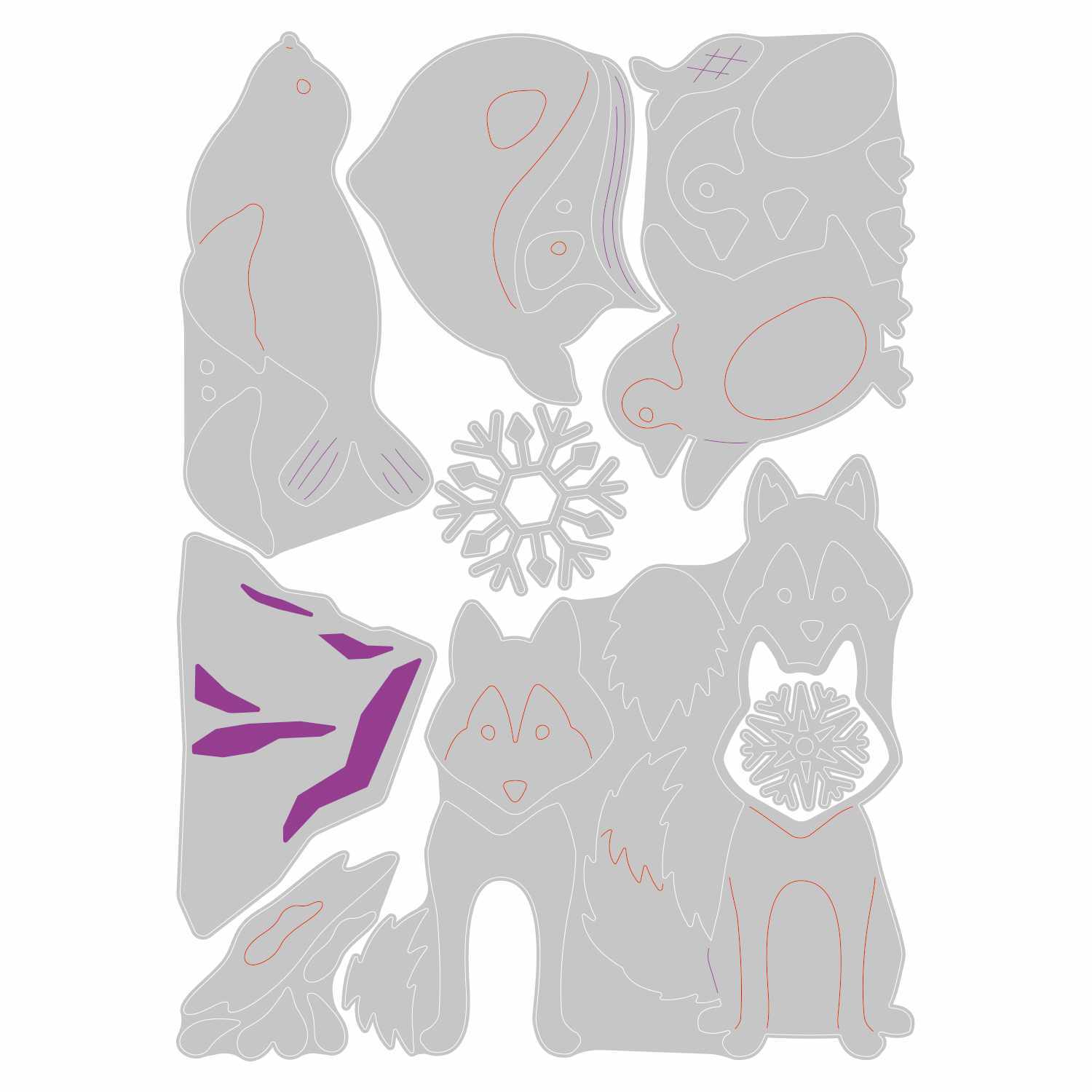 Thinlits Die Set Arctic Animals zeigt graue Stanzformen von arktischen Tieren und Schneeflocken. Ideal für kreative Projekte.