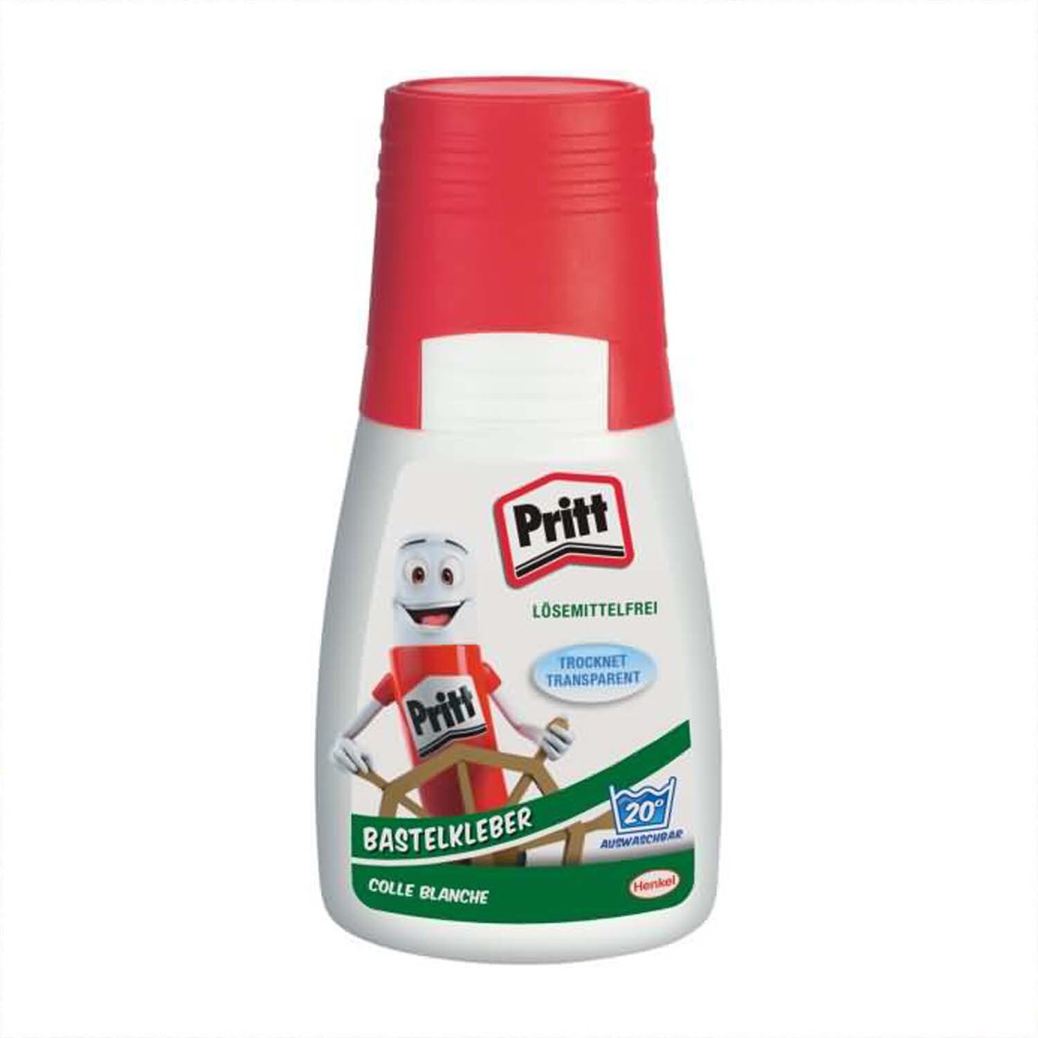 Bastelkleber 50g von Pritt in einer roten Flasche mit weißem Etikett und Maskottchen. Ideal für kreative Projekte.