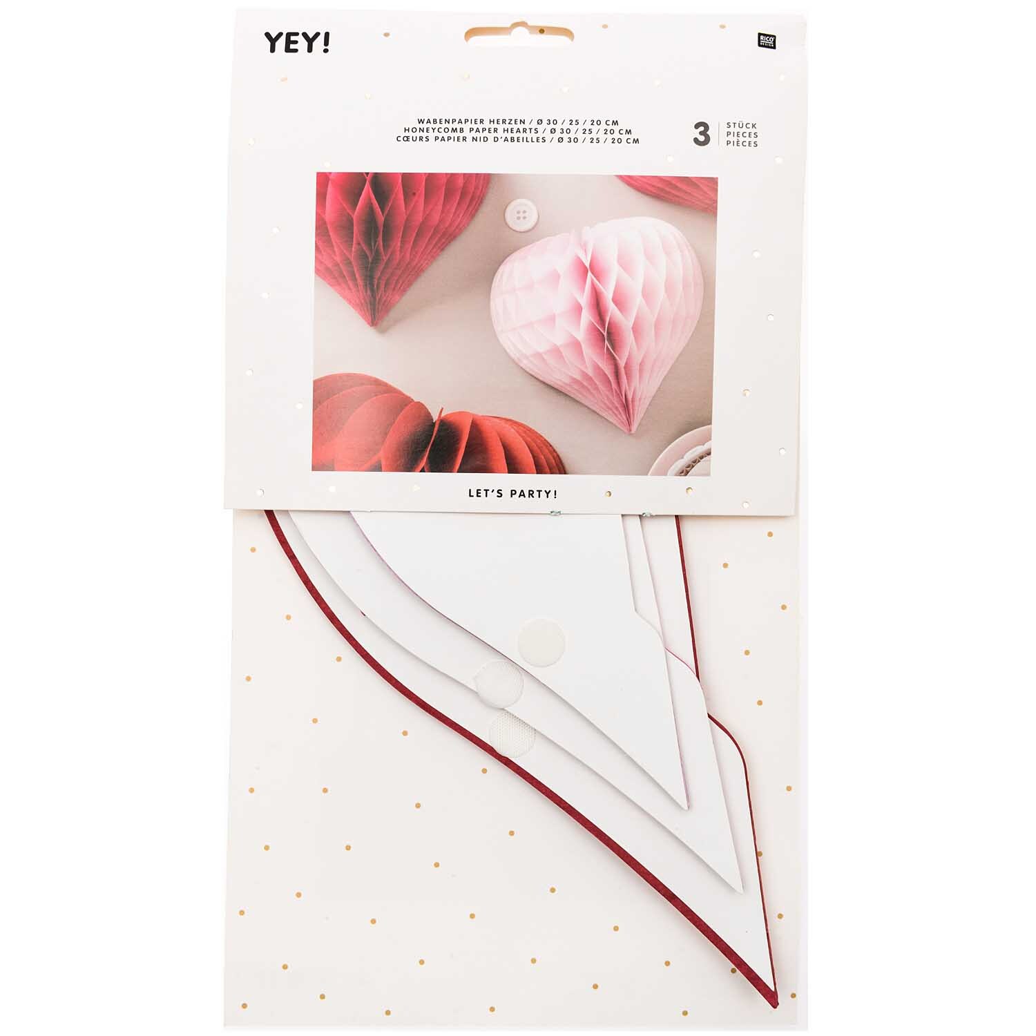 Wabenpapier Herzen rot 3 Stück: Drei dekorative Wabenpapierherzen in Rot von Rico Design, ideal für festliche Anlässe.