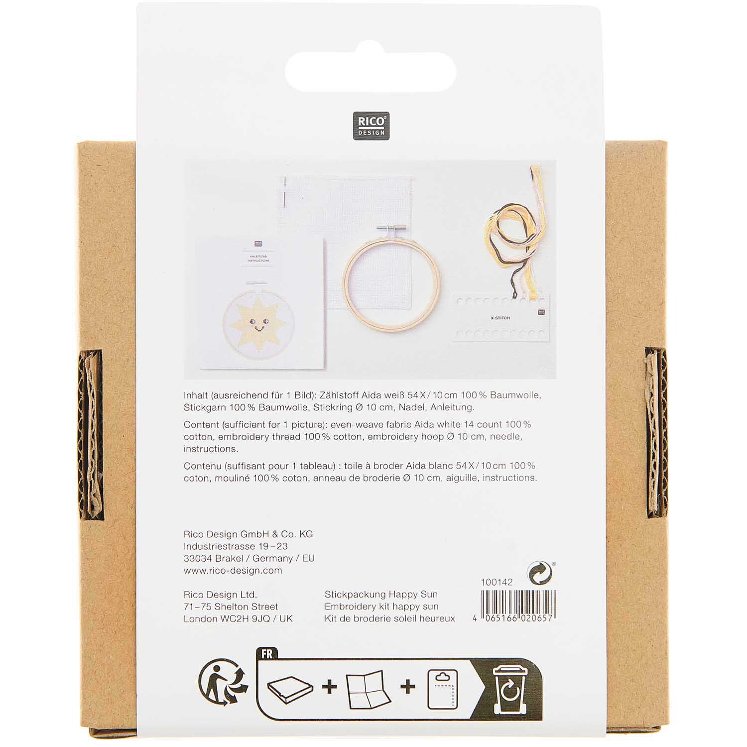 Stickpackung Happy Sun von Rico Design: Verpackung mit Stickrahmen und Garn auf weißem Hintergrund. Ideal für kreative Handarbeiten.